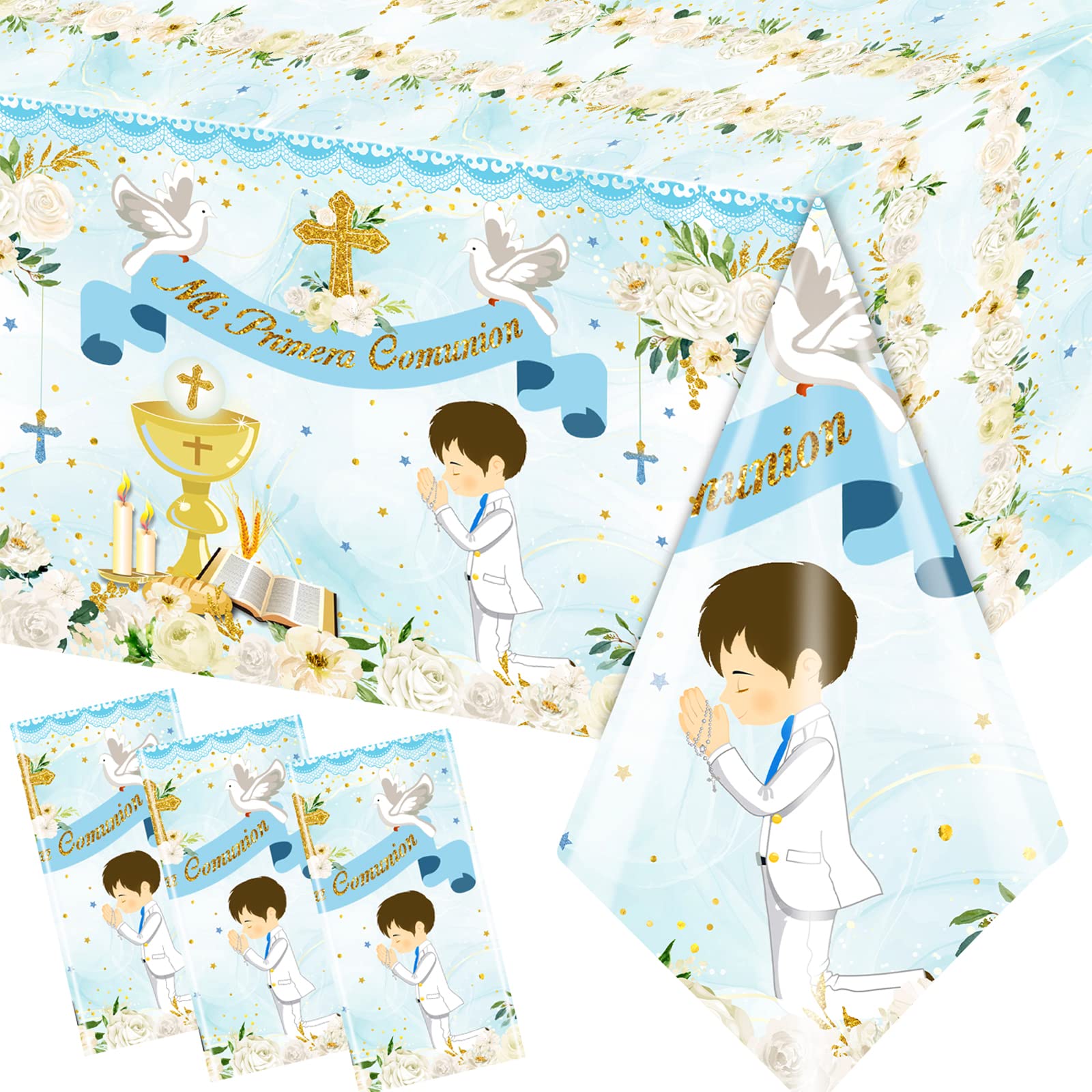 Gupesxu First Communion Decorations-3pcs Blue Mi Primera Comunion Tablecloth Baptism Table Covers for Boy Newborn Baby Shower Table Cloth for First