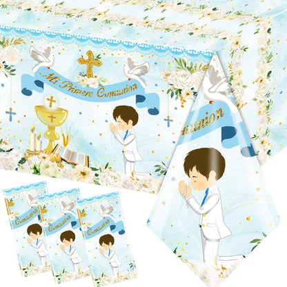 Gupesxu First Communion Decorations-3pcs Blue Mi Primera Comunion Tablecloth Baptism Table Covers for Boy Newborn Baby Shower Table Cloth for First