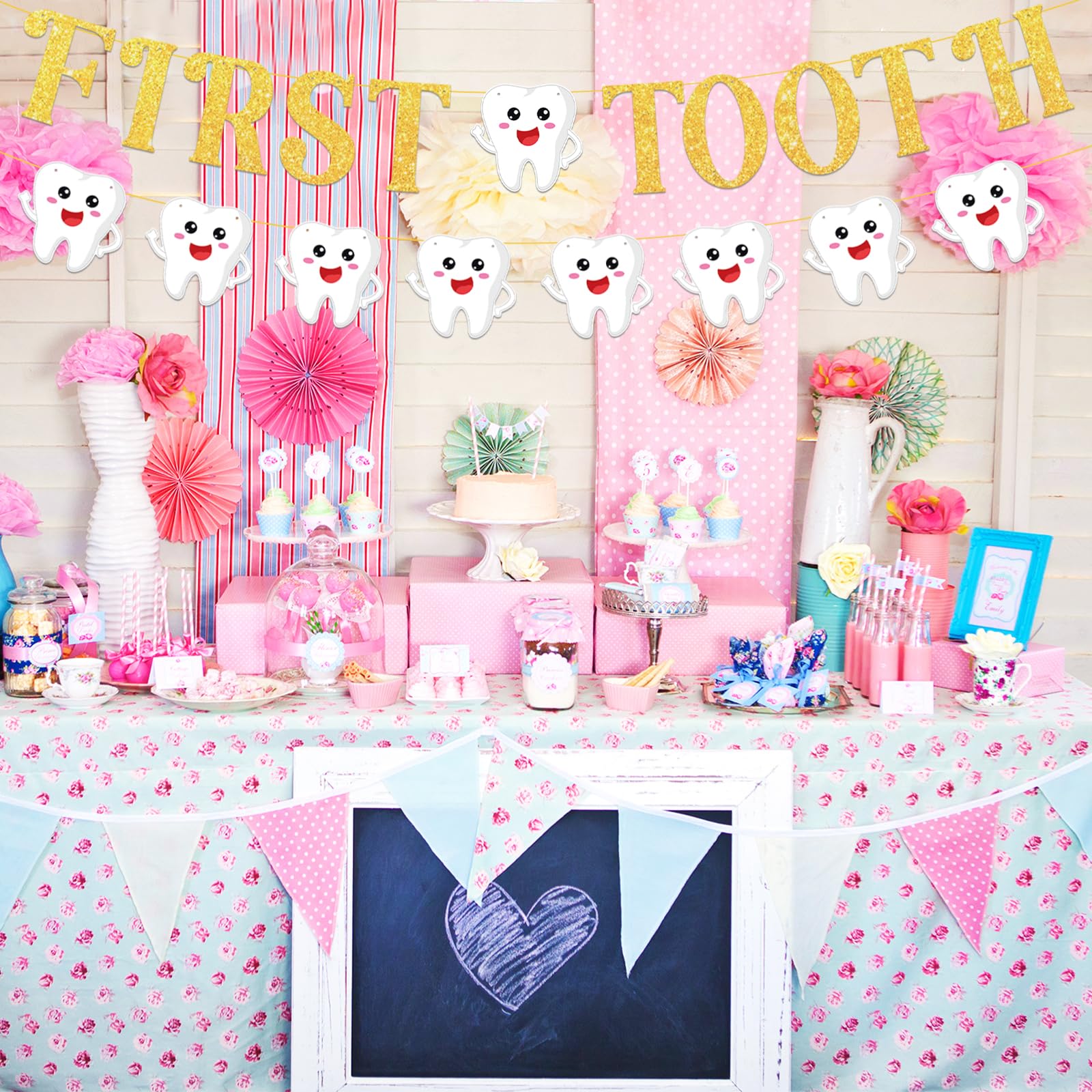Pre-Strung Tooth Theme Banner Decorations, Gold Glitter Letter Garland with Tooth-Shaped Hanging Decor for Dental Clinic, Oral Health Events