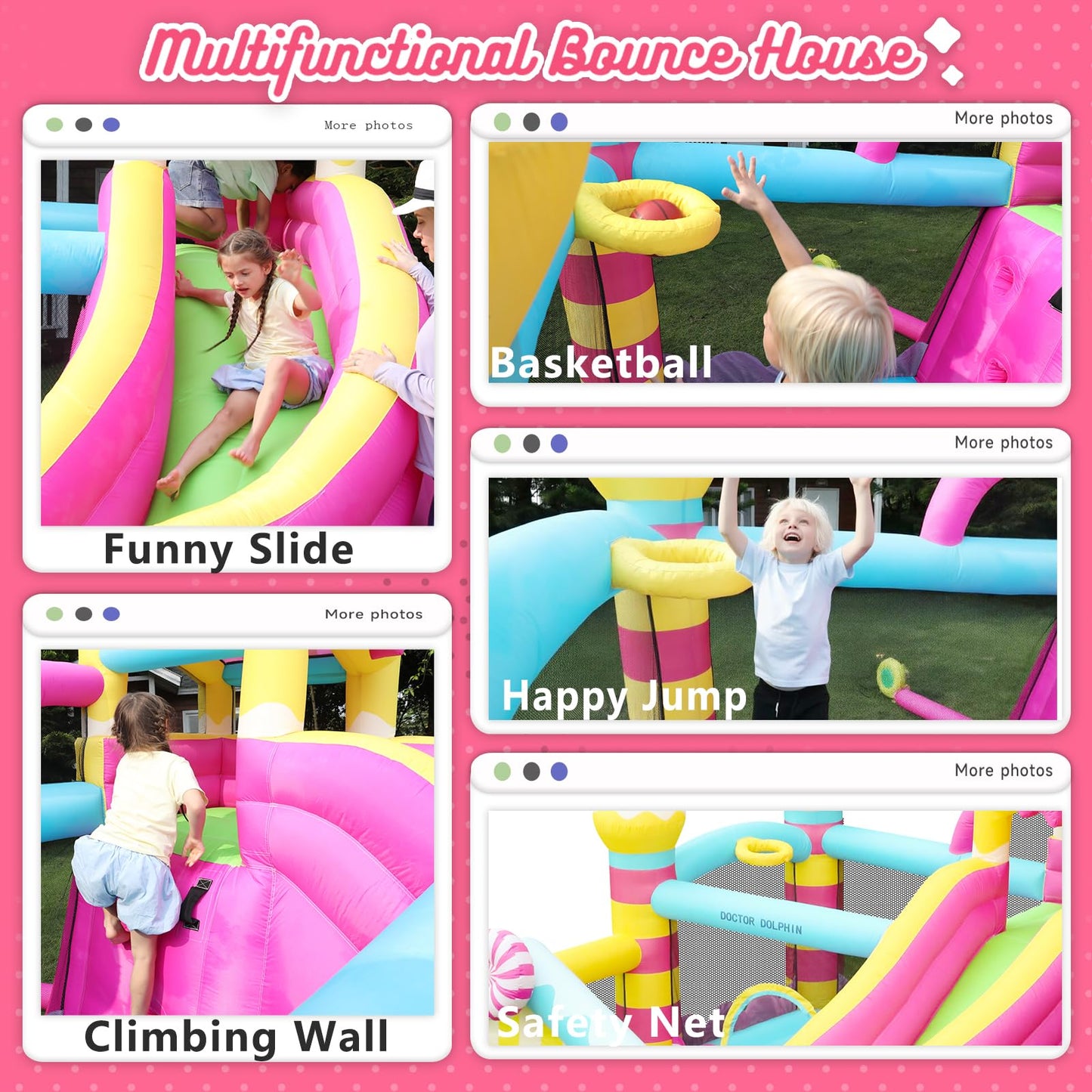 SunSports Bounce House for Kids, Inflatable Bouncy House, Indoor Toddler Bounce House, Pink Bounce House with Slide, Bouncy Castle for Backyard