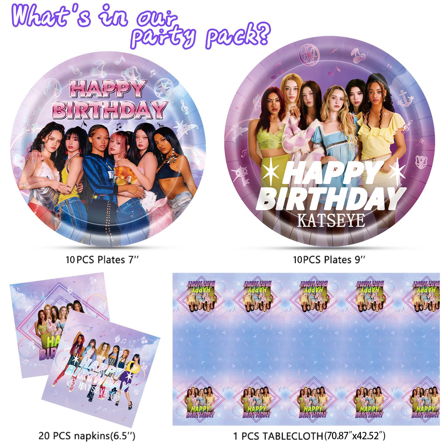 KATSEYE Birthday Decorations, 20 Plates, 20 Napkins and 1 Tablecover for Girls Fans KATSEYE Party Supplies