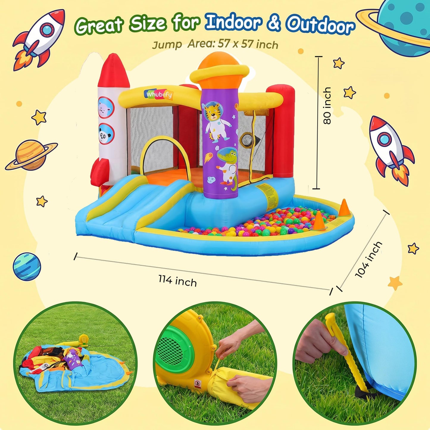 Whubefy Inflatable Bounce House for Kids 3-6, Bouncy House with Ball Pit Pool, Jumping Castle with Blower for Kids,Space Theme Play House 112x98.4 in