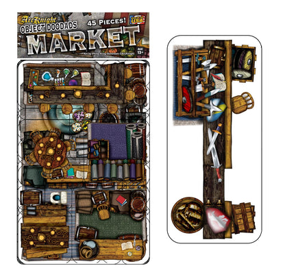 Market - 40pc Double-Sided Market Stall & Prop Pieces for Starters & Masters Alike - Roleplaying Objects for Dungeons & Dragons - Immersive Map
