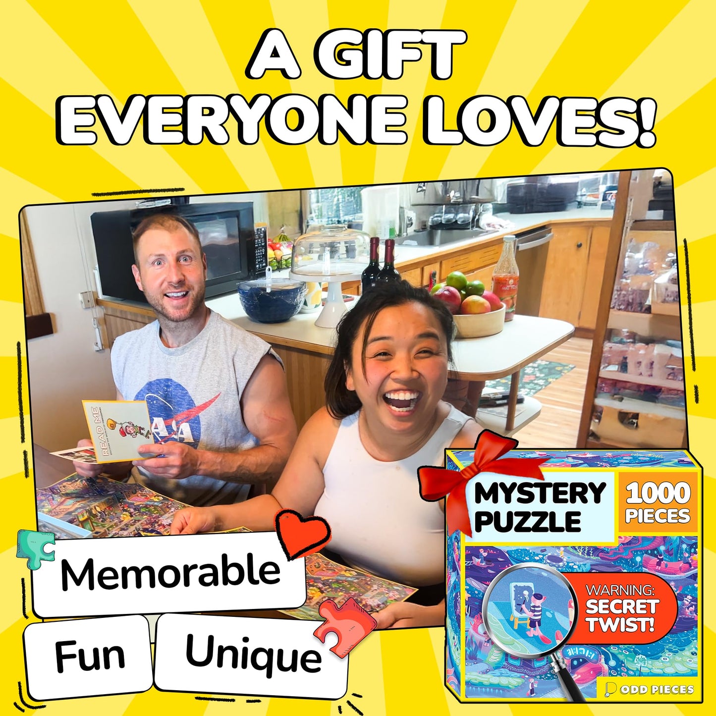 Odd Pieces Jigsaw Puzzles 1000 Pieces with Storytelling Comics, for Women, White Elephant, Mystery Puzzle for Adults & Kids - 19.7'' x 27.6''