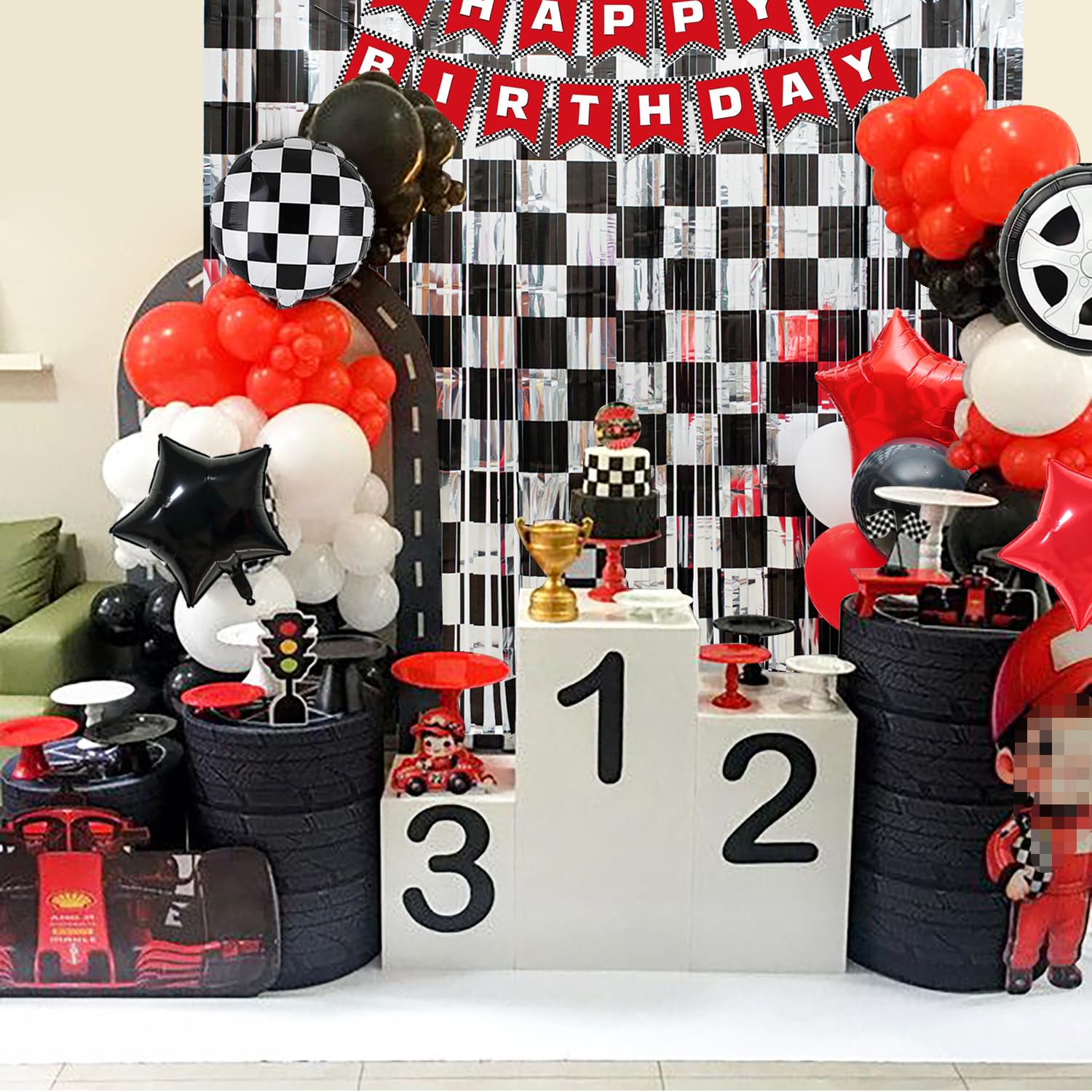Race Car Birthday Party Decoration, 2 Pack Race Car Party Backdrop Photo Booth Prop, Black and Silver Checkered Fringe Curtains Tinsel Photo Streamers
