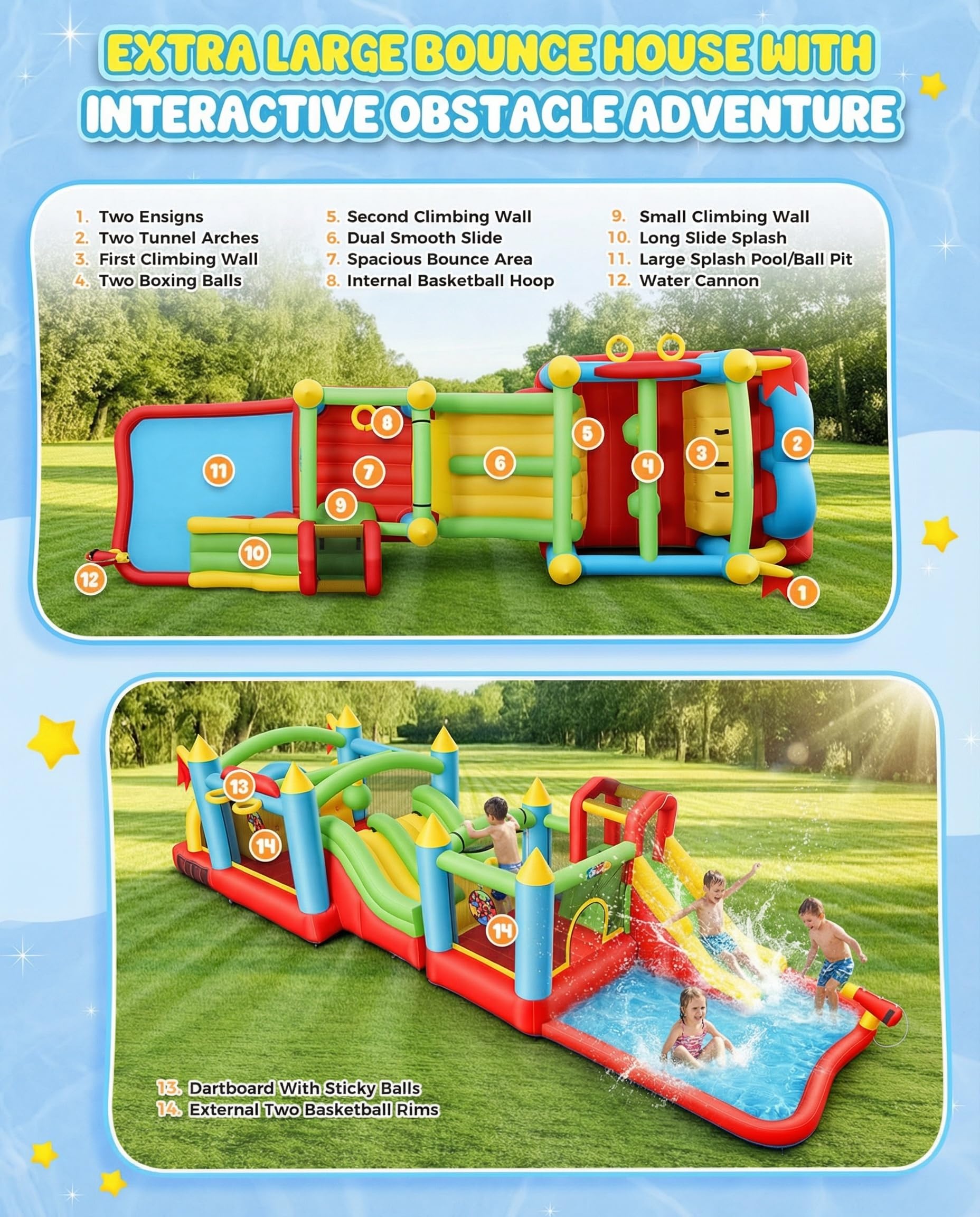 Giant 29FT Wate Slide Bounce House Detachable (15.3+13.5FT) Combo, Obstacle Course & Waterslide, Tunnel/Jumping Area/Spalish Pool, Bouncy Castle