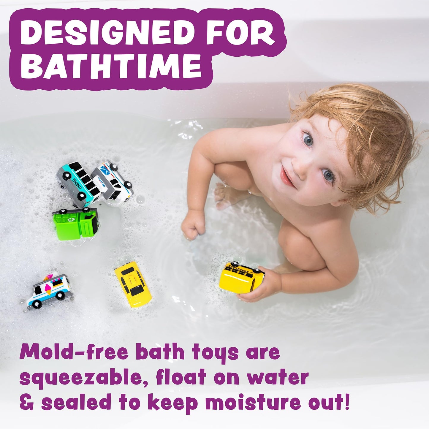 Tub Works® Vehicles™ Bath Cars Mold Free Bath Toys, 6 Pack | Sealed, No Hole Bath Toys Design Keeps Moisture Out | Soft, Squeezable & Float on Water |