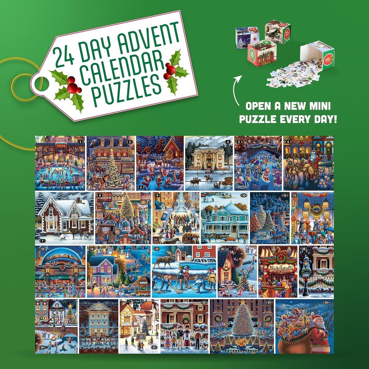 Buffalo Games - Charles Wysocki - 24 Days of Christmas Advent Calendar Puzzles - 24 Mini Puzzles to UNbox