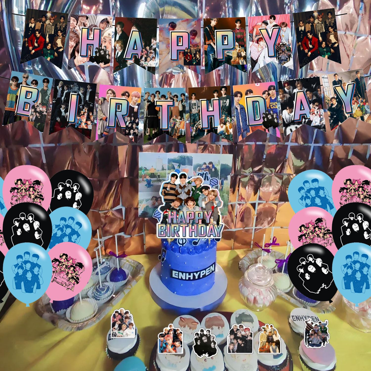 E-NHYPEN Themed Birthday Party Supplies - Team Balloons, Cupcake & Cake Toppers, Singer Fans Latex Balloons