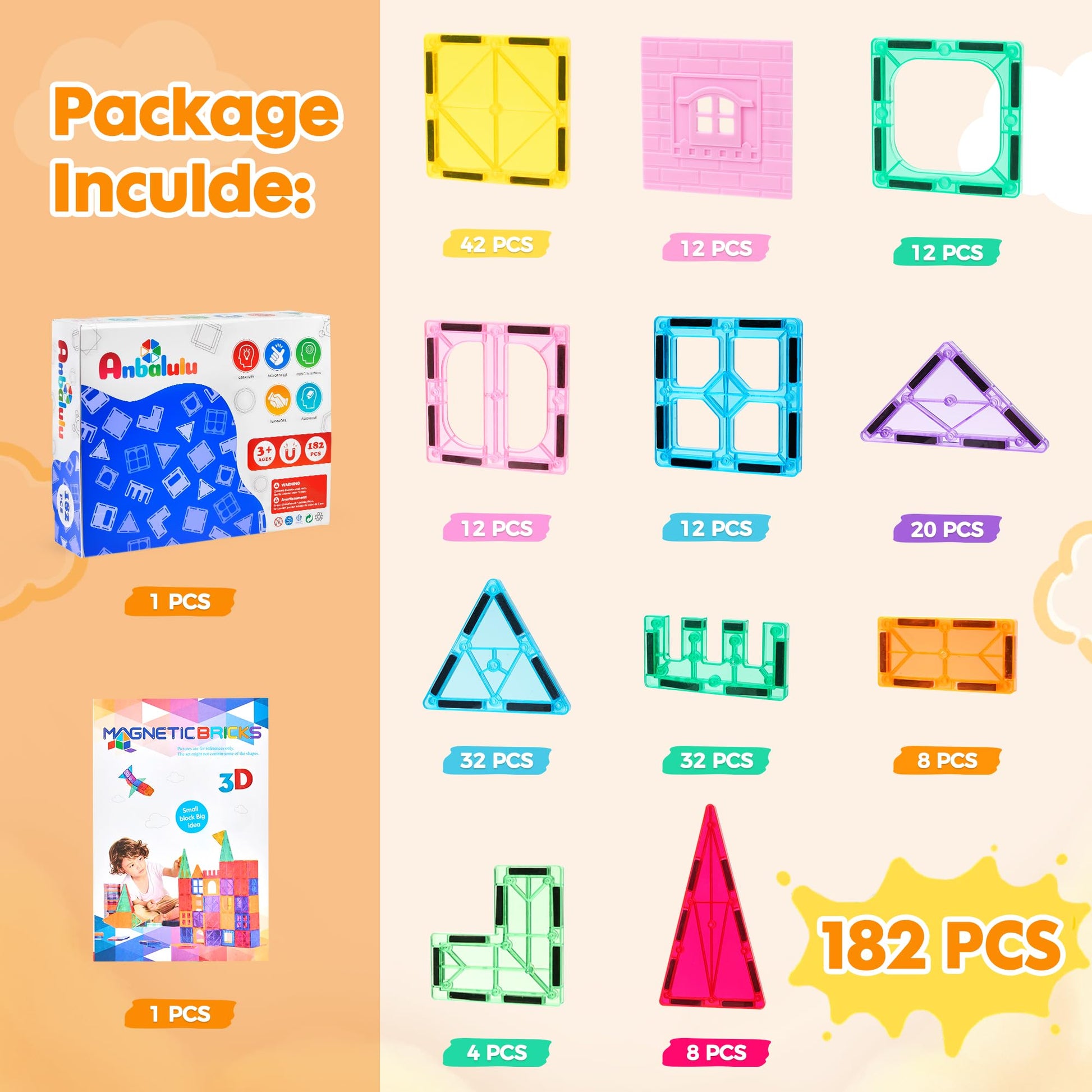 Anbalulu 182PCS Magnetic Tiles, Large Castle Building Blocks for Kids
