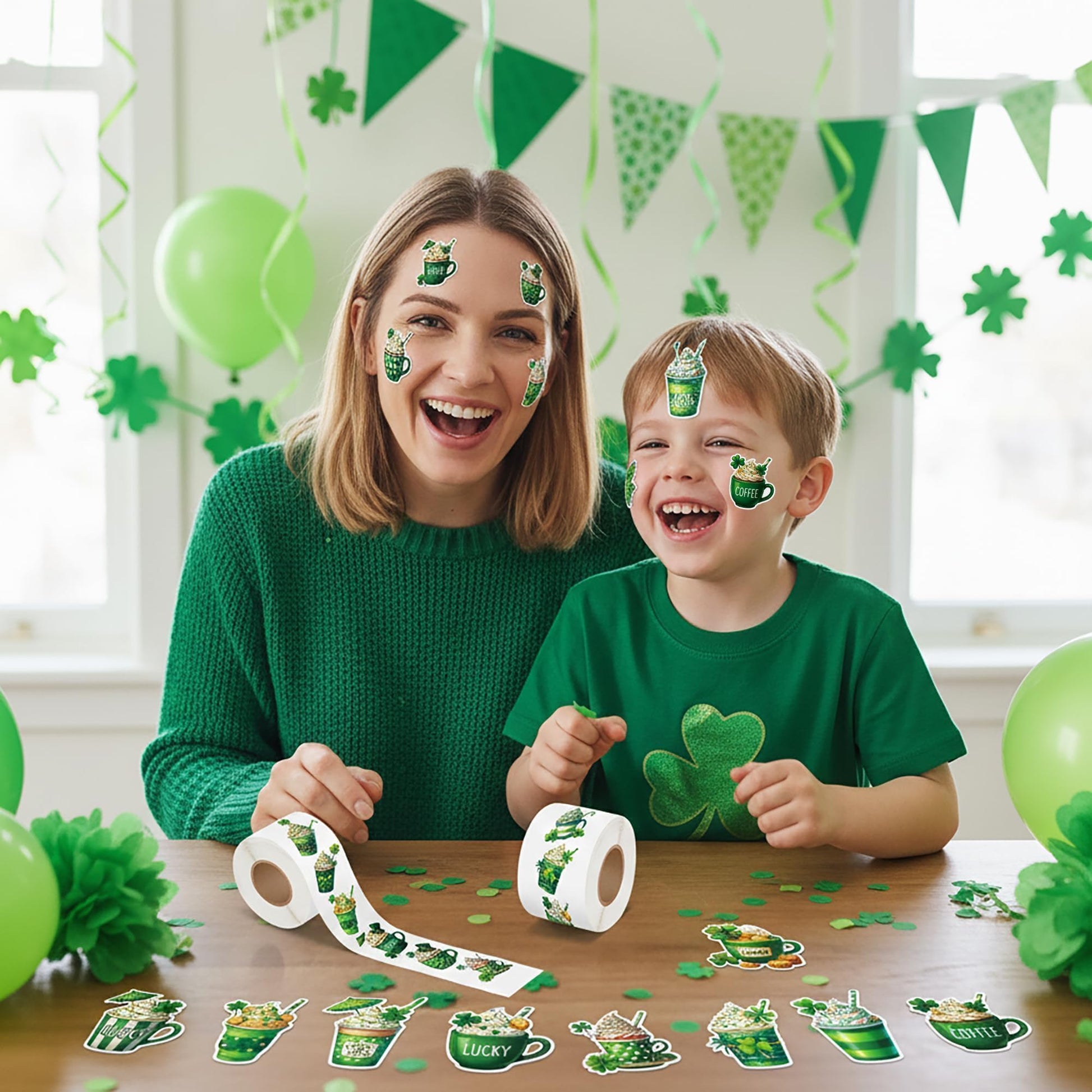 5wsech Green Coffee Roll Stickers - 1000 Lucky Clover Latte Vinyl Decals for Kids, Green Shamrock Coffee Stickers St Patrick's Day Gifts for Birthday