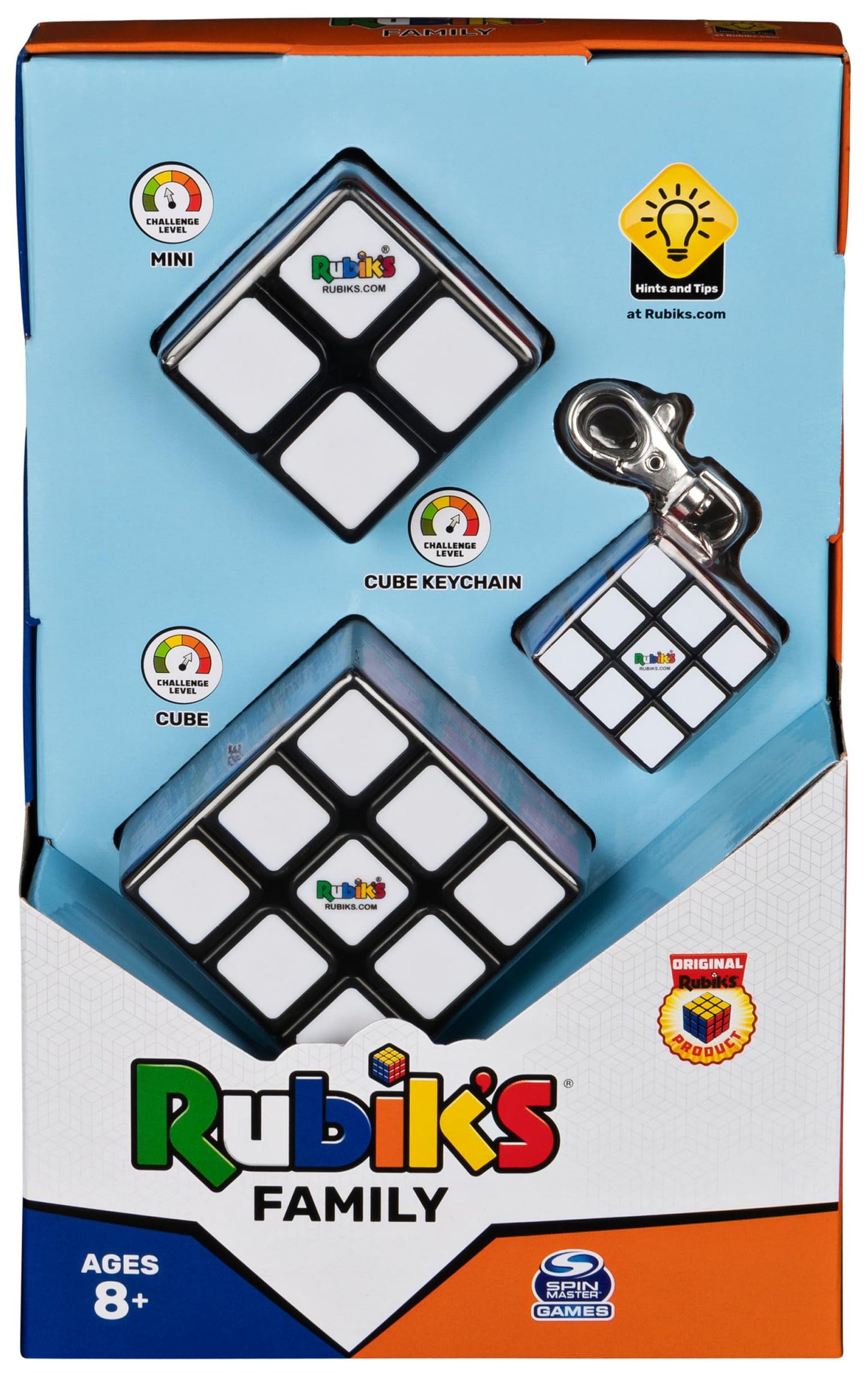 Rubik’s Cube Family Pack, Original 3x3, 2x2 and 3x3 Keyring, Complete Pack of 3