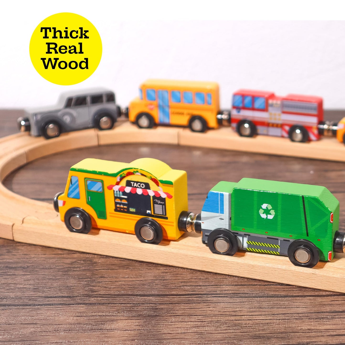 9 Piece Wooden Cars with Magnets - City Vehicles, Emergency Trucks, School Bus, Police, Fire, Ambulance, Taco Truck Toy - Community Helpers Play Set