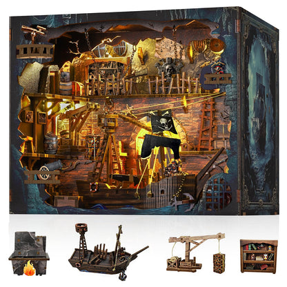 Book Nook Kit - DIY 3D Wooden Puzzle Miniature House with LED Lights - Creative Crafts for Adults - Bookshelf Insert Decor - Educational Gift