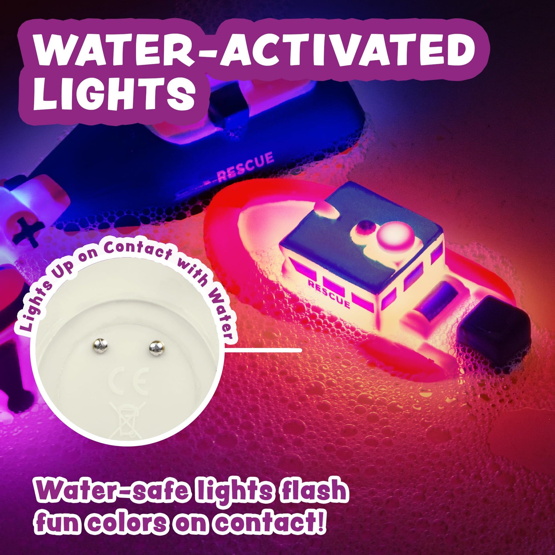 Tub Works® Ocean Rescue™ Vehicles Light Up Bath Toys, 6 Pack | Water-Activated Light Up Toys Flash & Change Color | Easy-Grip Baby & Toddler Bath Toys