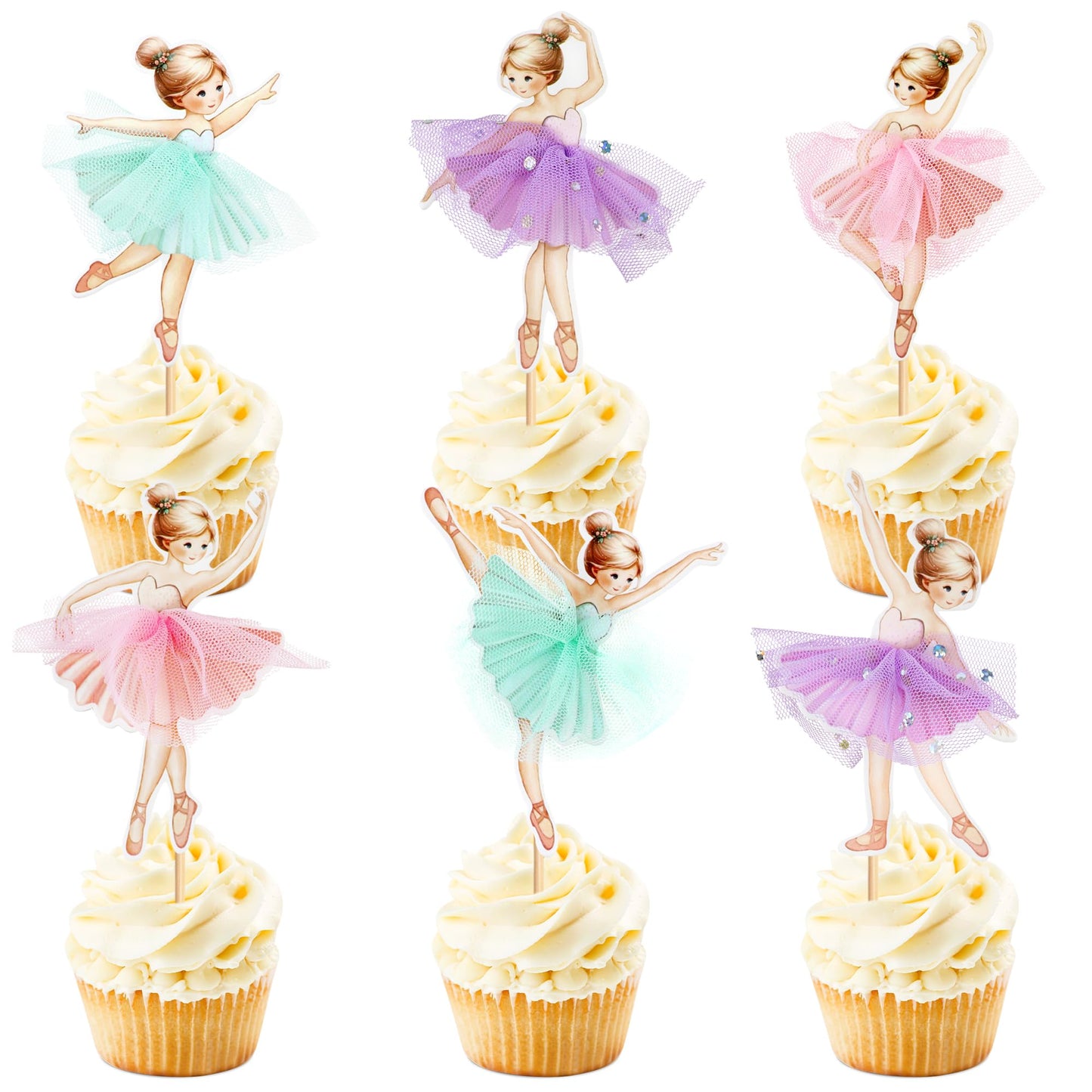 24Pcs Ballerina Pink Purple Blue Tutu Skirt Cupcake Toppers Colorful Chiffon Skirt Ballet Girls Cupcake Picks for Baby Shower Girls Ballerina Birthday
