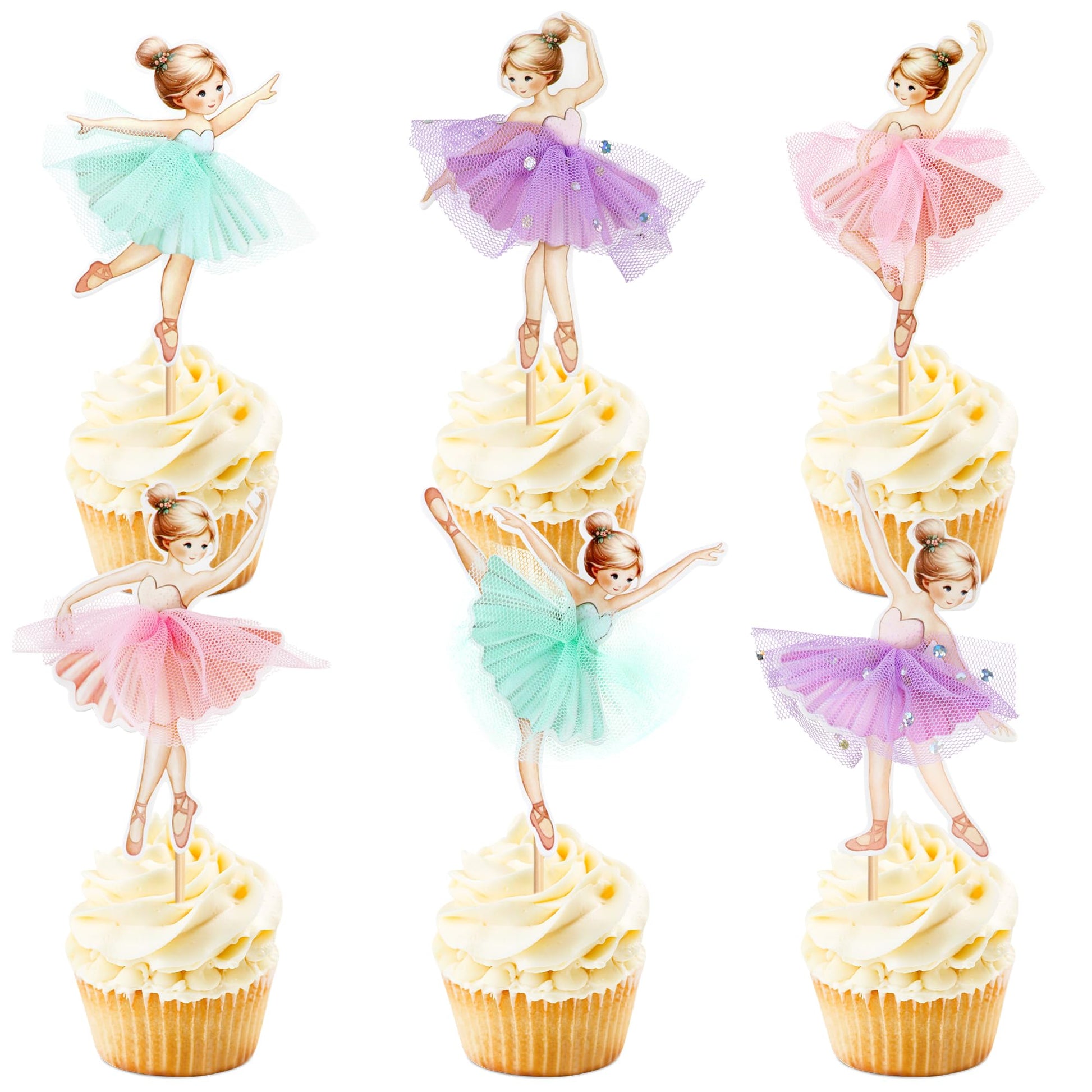 24Pcs Ballerina Pink Purple Blue Tutu Skirt Cupcake Toppers Colorful Chiffon Skirt Ballet Girls Cupcake Picks for Baby Shower Girls Ballerina Birthday