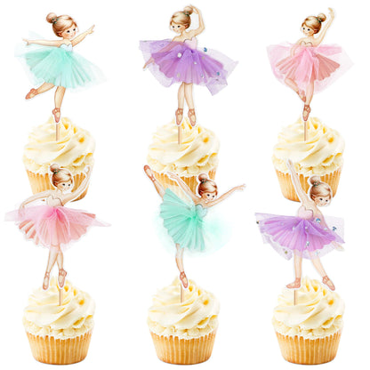24Pcs Ballerina Pink Purple Blue Tutu Skirt Cupcake Toppers Colorful Chiffon Skirt Ballet Girls Cupcake Picks for Baby Shower Girls Ballerina Birthday