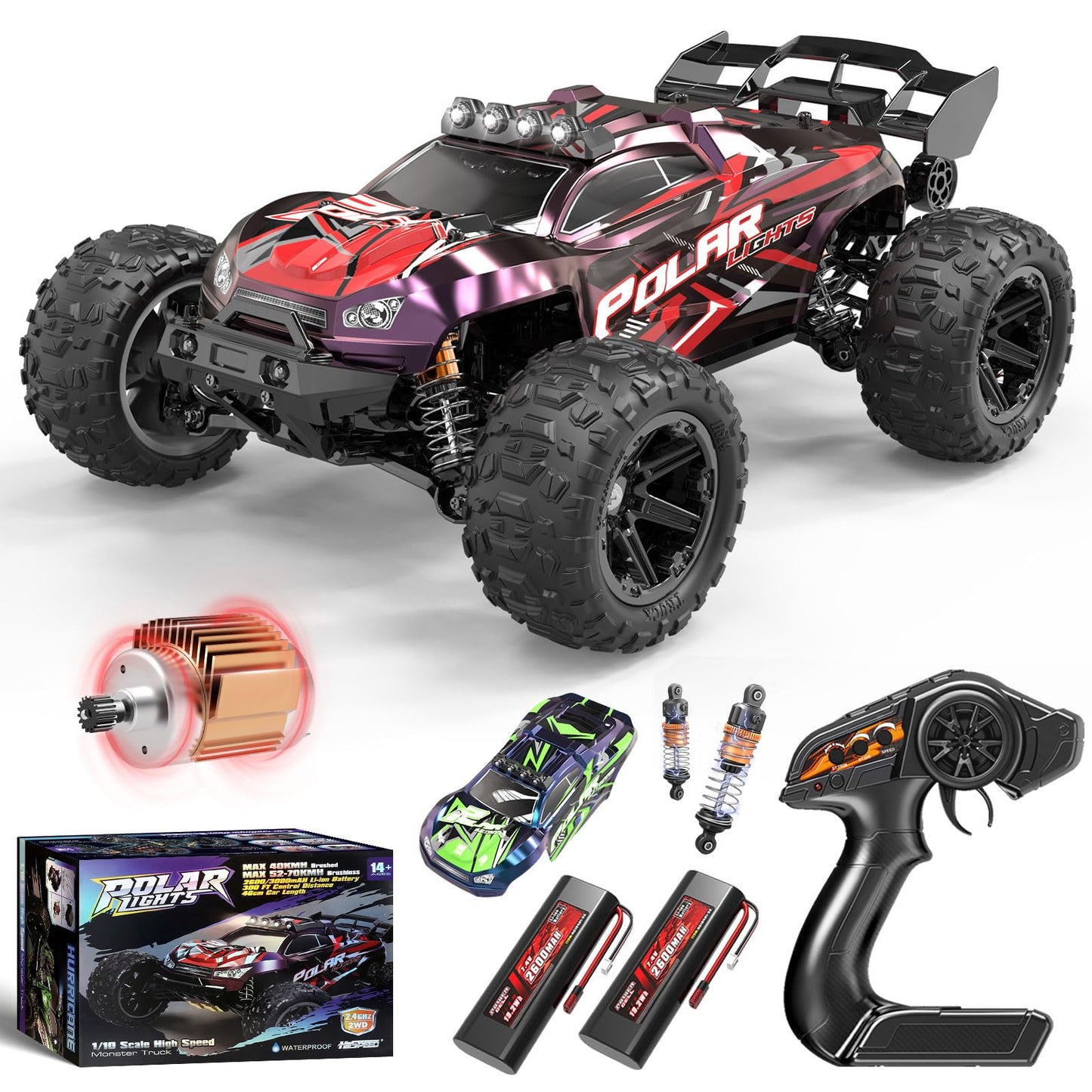 YESHIN 1:10 Large RC Car 45km/h High Speed Off-Road Truck, Waterproof Electric Powered RC Cars All Terrain Toys with 2 Rechargeable 2600mAh Batteries