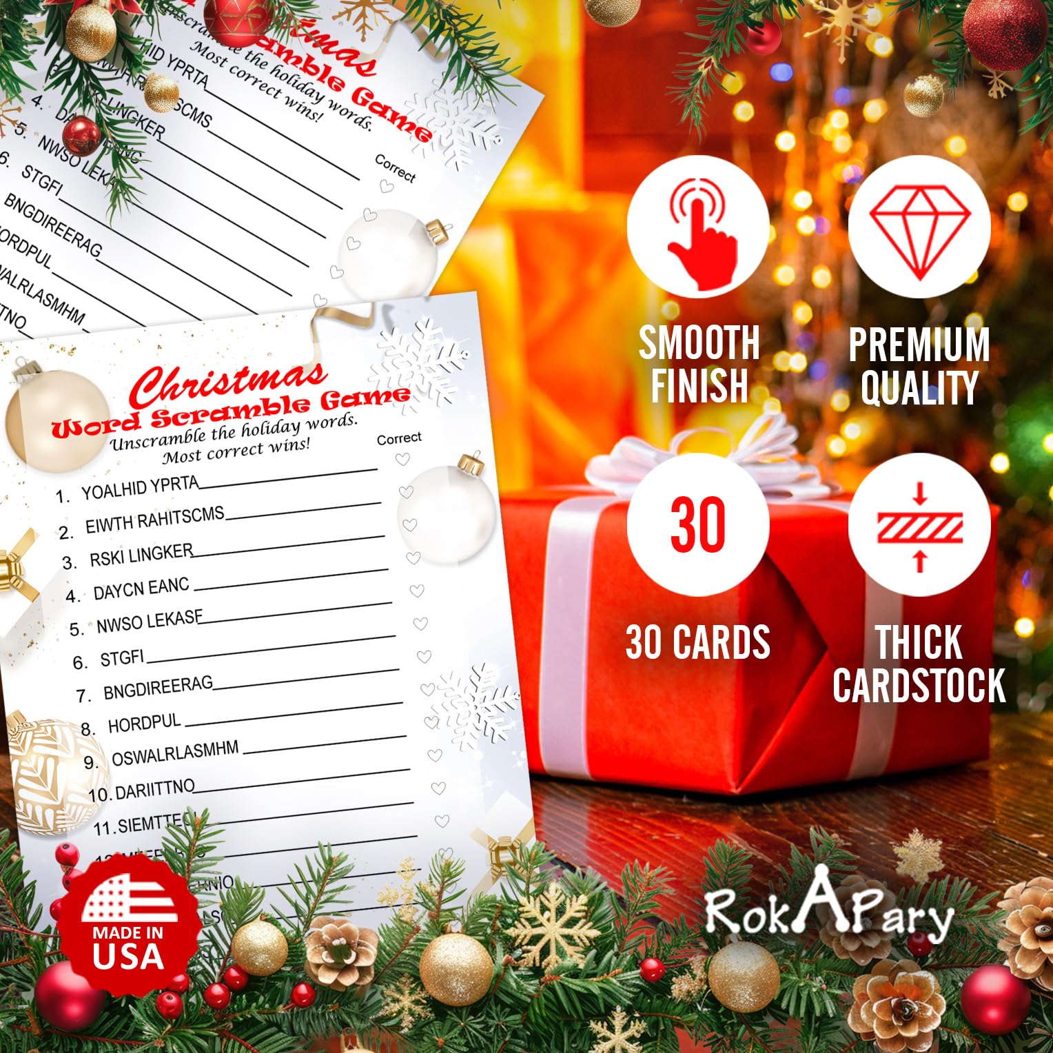 RokAPary Christmas Word Scramble Game, Christmas Holiday Party Ideas, Play Pack of 30 Cards 5”x7”. Made in USA