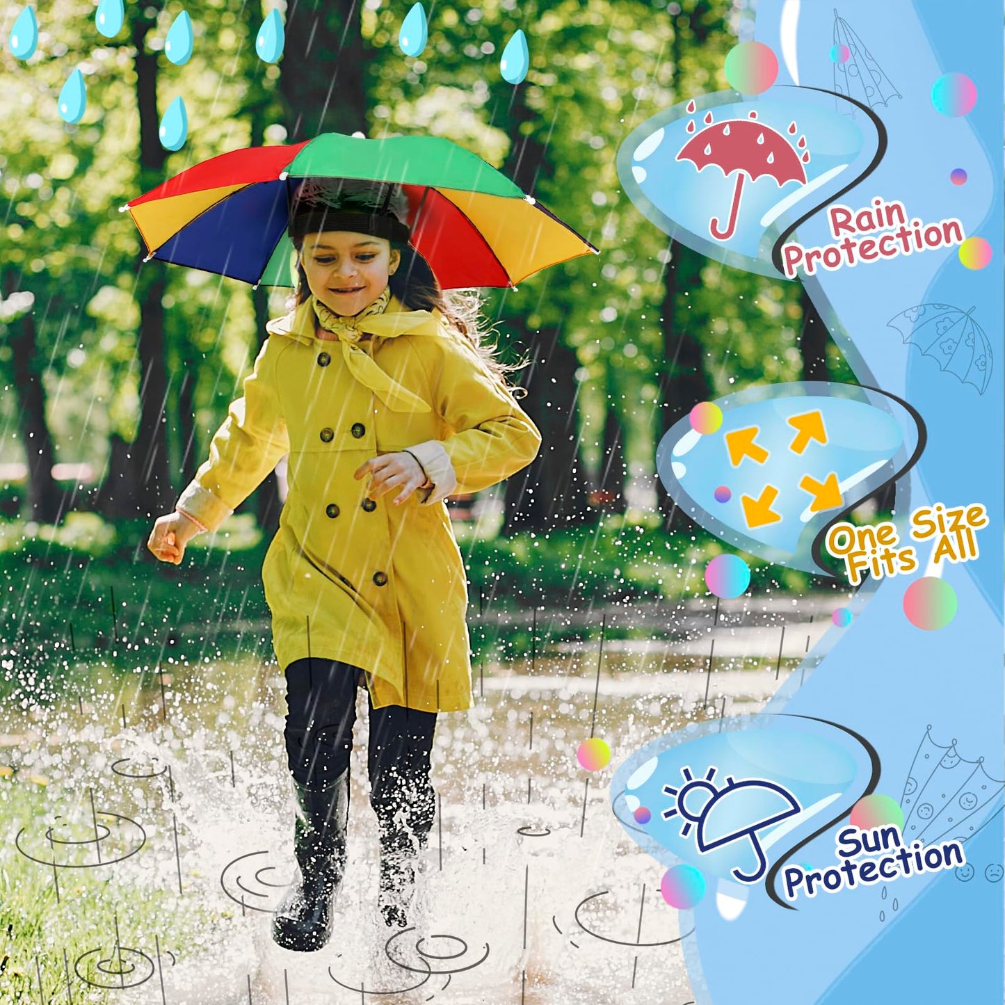 Arcimatto 4 Pack Umbrella Hat with Elastic Band, Fun Colorful party Hats, Hands-free Design for Beach Party, Camping, Outdoor Sun Rain Protection