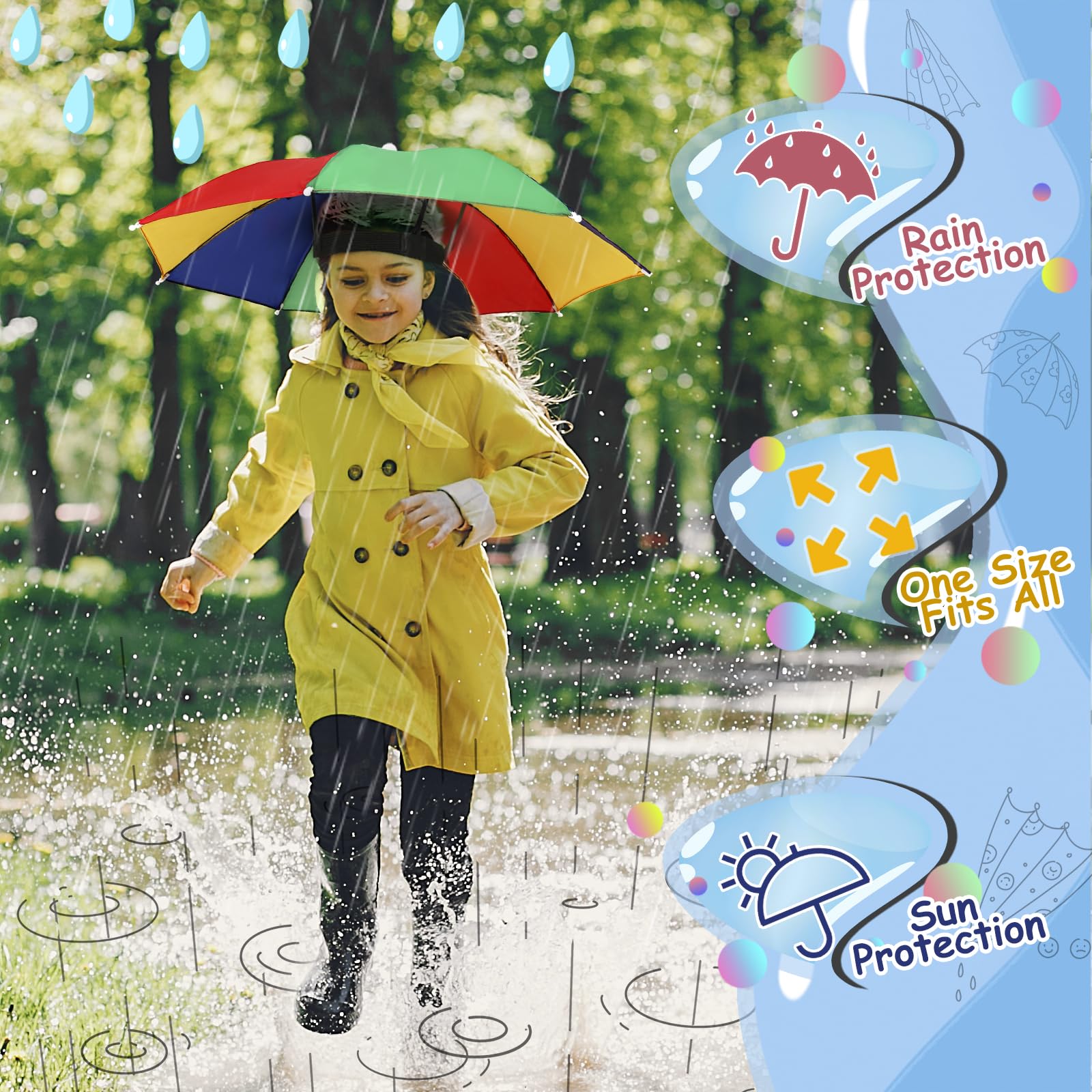 Arcimatto 4 Pack Umbrella Hat with Elastic Band, Fun Colorful party Hats, Hands-free Design for Beach Party, Camping, Outdoor Sun Rain Protection