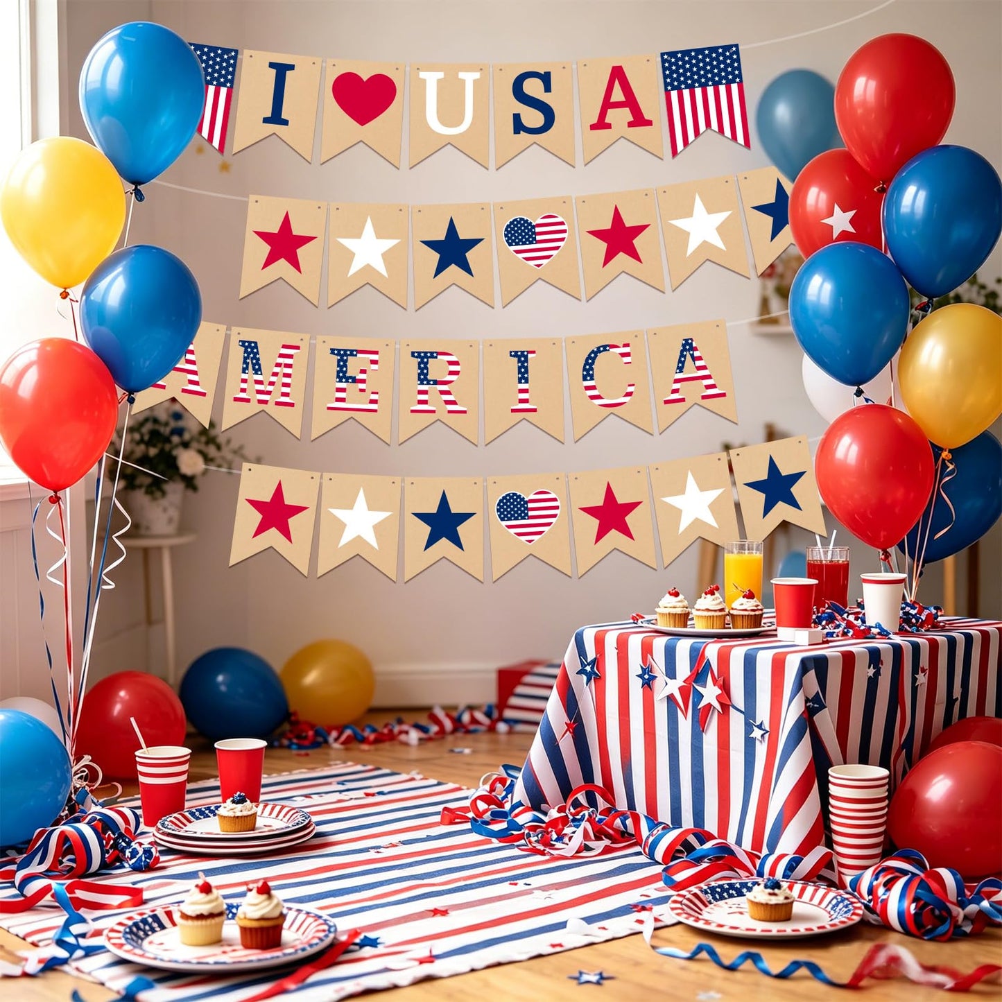 4th of July Banner Decoration, Pre-Strung Double-sided American Flag Paper Bunting, Red White Blue Independence Day Garland for Labor Day Veterans Day