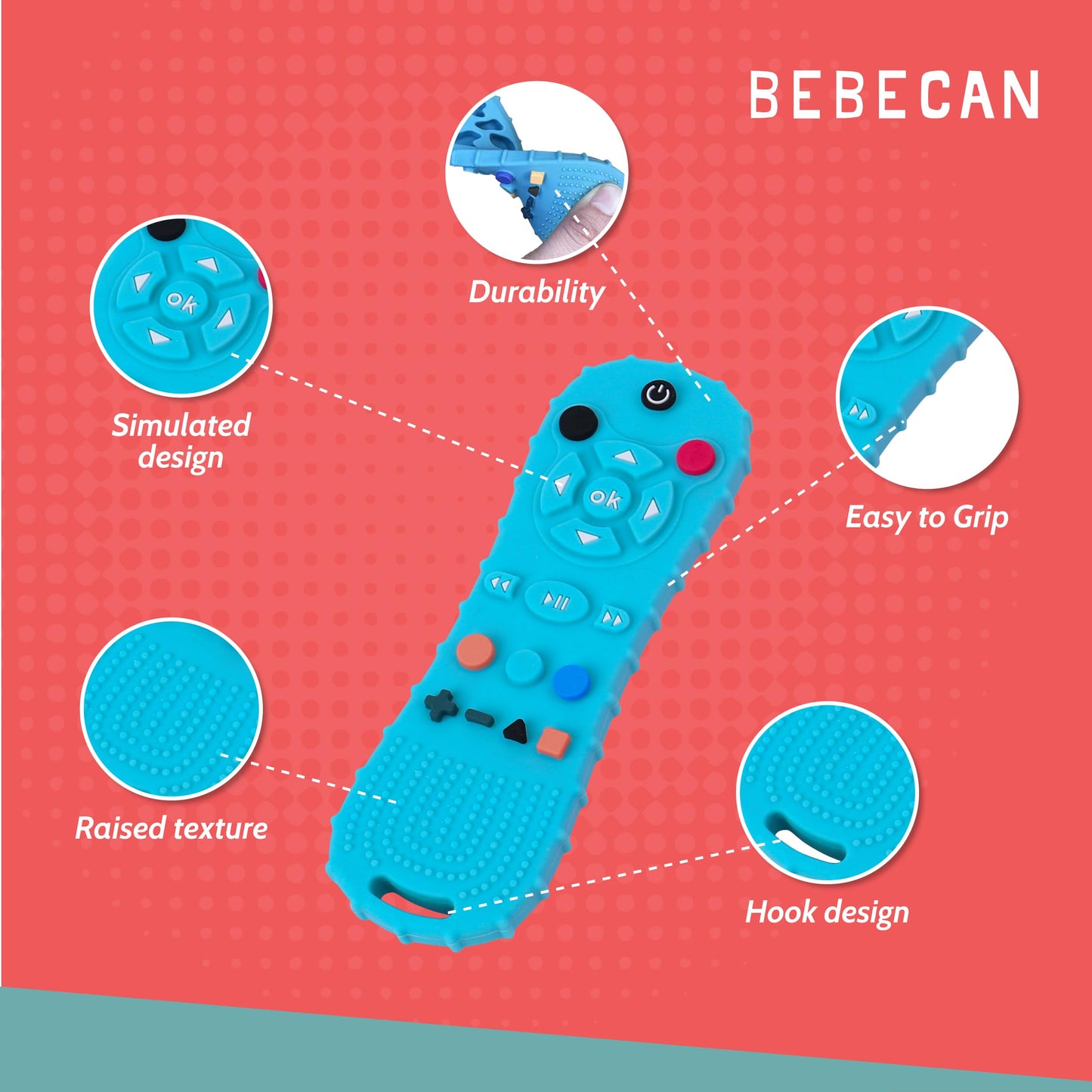 BEBECAN Silicone Remote for Baby - BPA-Free Chew Toy for Infants and Toddlers 3-24 Months, Sensory Toys for Babies, Play Remotes for Babies (Black)