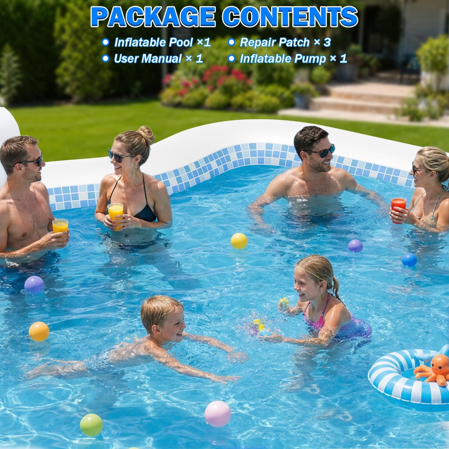 ALSTU Extra Large Inflatable Pool with Pump, 121" X 90" X 22" Full-Sized Blow Up Pool with Seats for Adults, Family Inflatable Swimming Pool