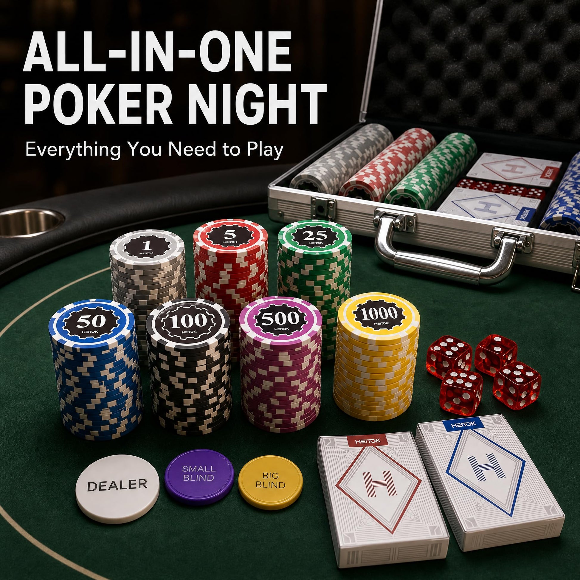 HEITOK Casino Poker Set with Numbered Chips 500-Piece for Card Board Game, 11.5g with Playing Cards Waterproof for Texas Hold'em, Blackjack Gambling