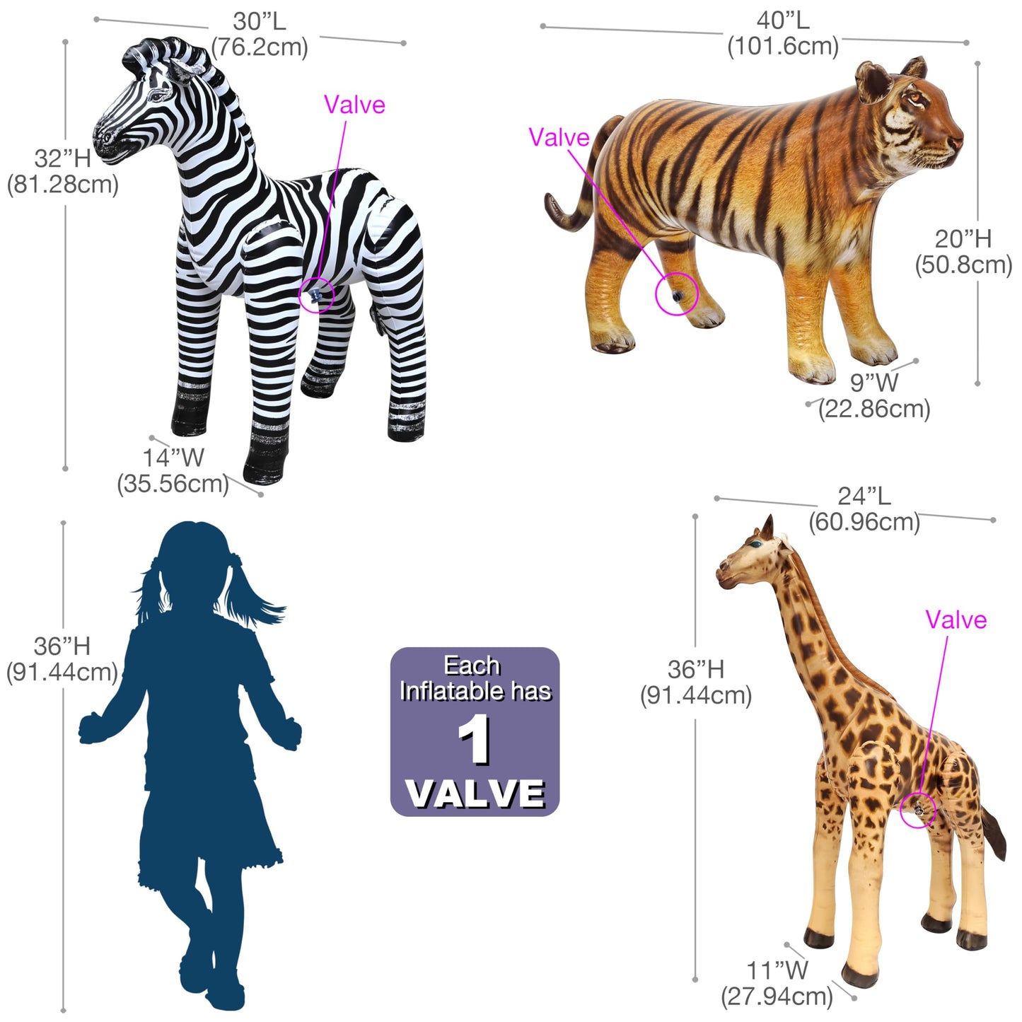 Jet Creations Wildlife Safari Inflatable Animals 3-Pack - Giraffe 36", Zebra 32", Tiger 20" - Jungle Theme Party, Halloween & Fall Decorations, VBS