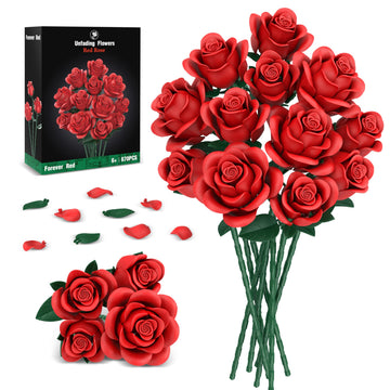 Red Roses Flower Bouquet Building Sets, 670Pcs Artificial Flowers Building Blocks Compatible with Lego Flowers Valentines Day Gifts