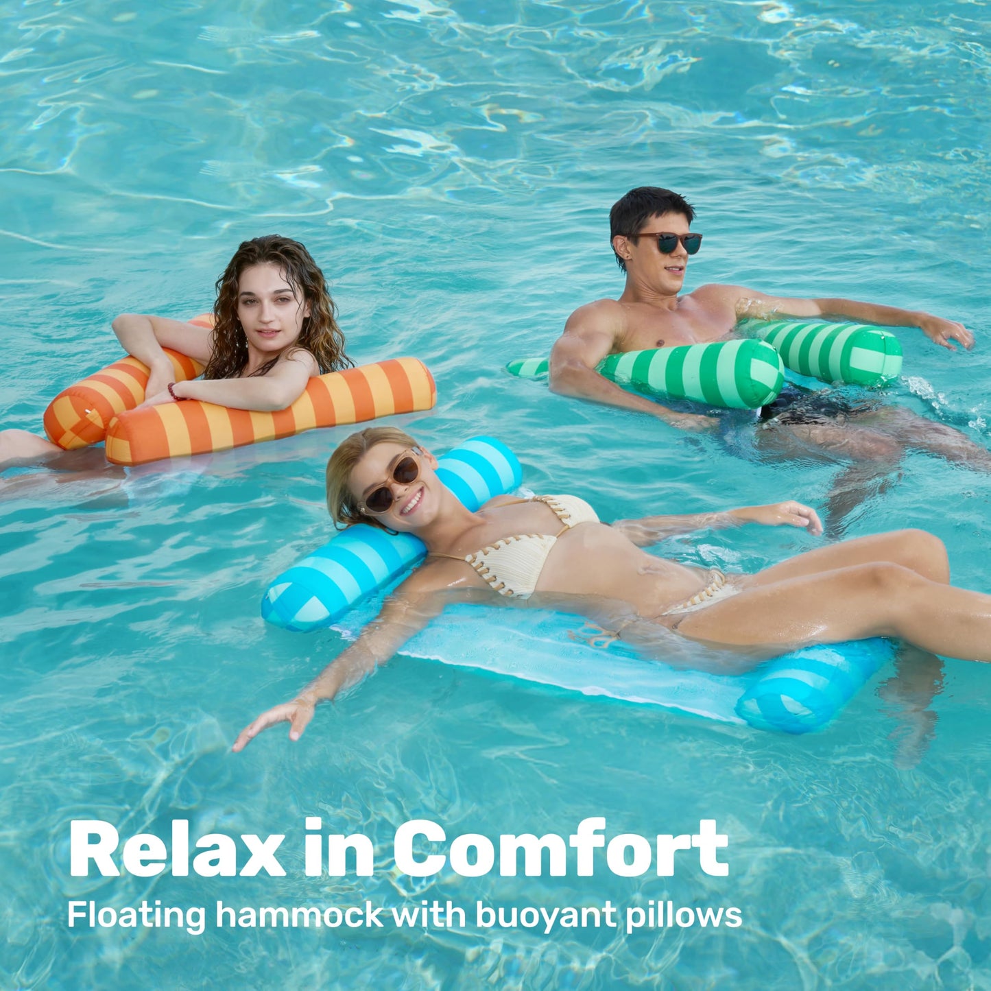 Sloosh 3 Pack Multi Purpose Swimming Pool Hammock, Inflatable Pool Floats for Outdoor, Beach, Water Lounges Pool Accessories (Saddle, Lounge Chair