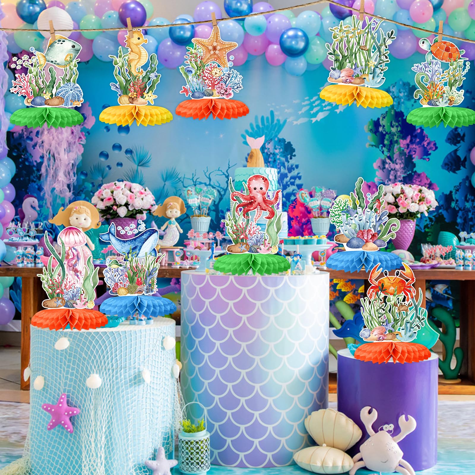 Tarklanda 12Pcs Ocean Sea Animal Honeycomb Centerpieces, Tropical Fish Under The Sea Birthday Party Decor Table Centerpieces for Ocean Themed Beach