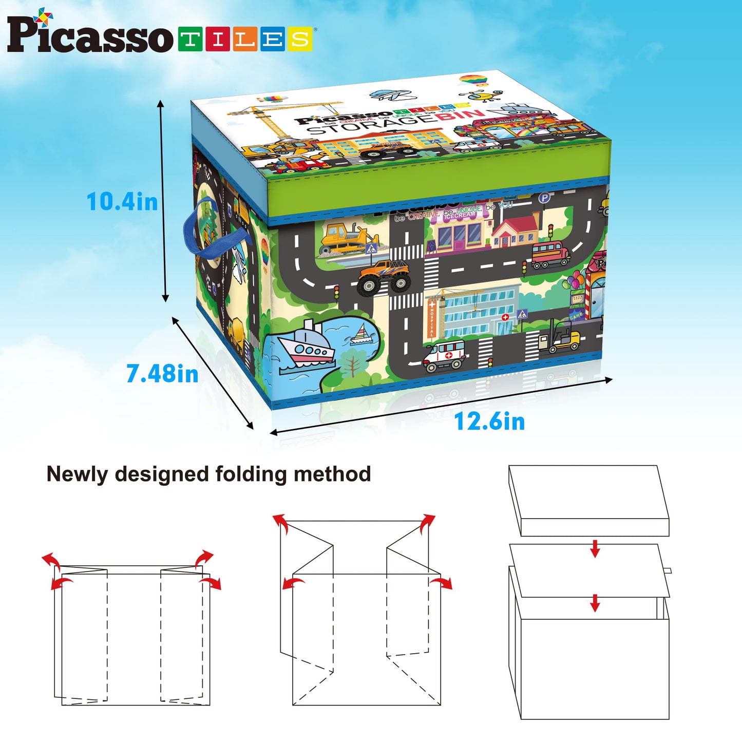 PicassoTiles Magnet Tile Toy Organizer Foldable City Theme Storage Bin Box with Lid and Handles Magnetic Tiles Building Blocks STEM Educational
