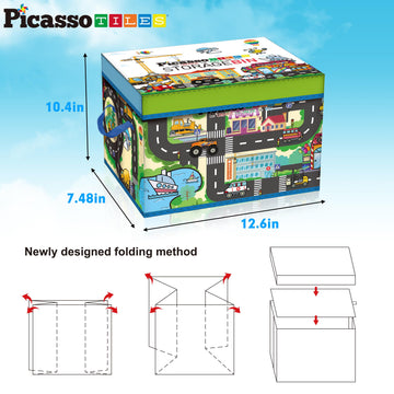 PicassoTiles Magnet Tile Toy Organizer Foldable City Theme Storage Bin Box with Lid and Handles Magnetic Tiles Building Blocks STEM Educational