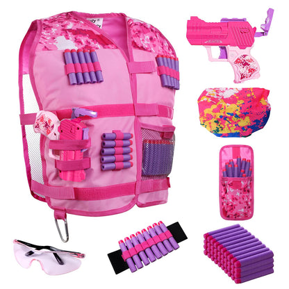Girls Tactical Vest Kit with Blaster - Kids Pink Tactical Vest Compatible with Nerf Rebelle N-Strike Purple Darts Googles for Girl