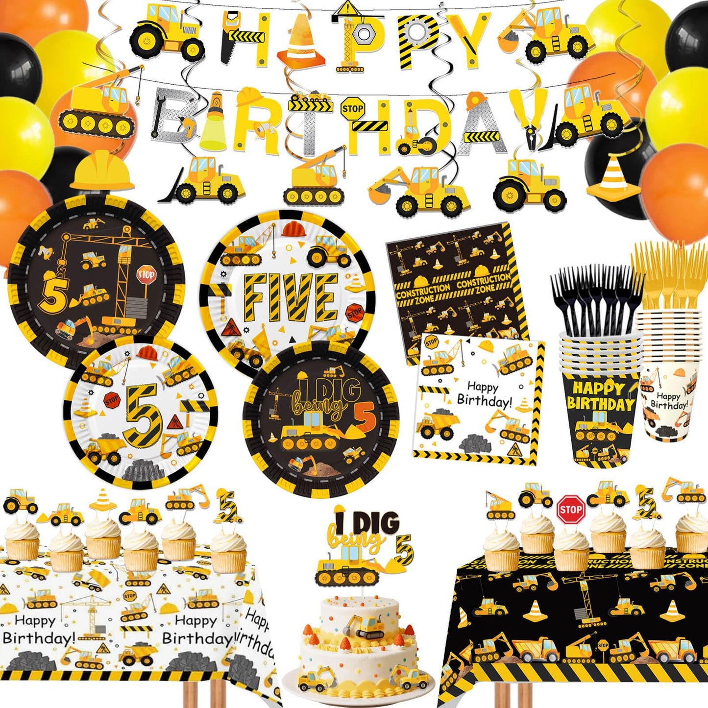210 Pcs Construction 5th Birthday Decorations - Includes Plates Napkins Cups Cake Cupcake Toppers Banner Hanging Swirls Tablecloths Balloons