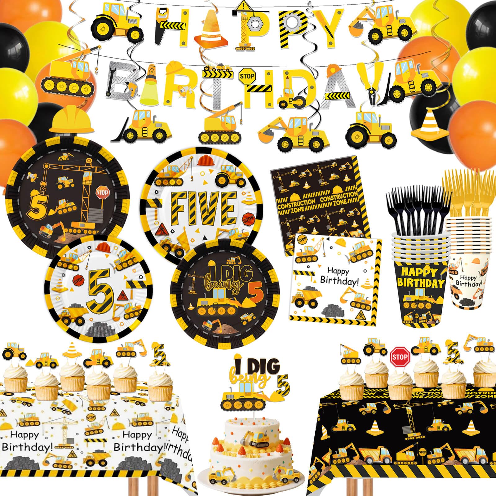 210 Pcs Construction 5th Birthday Decorations - Includes Plates Napkins Cups Cake Cupcake Toppers Banner Hanging Swirls Tablecloths Balloons