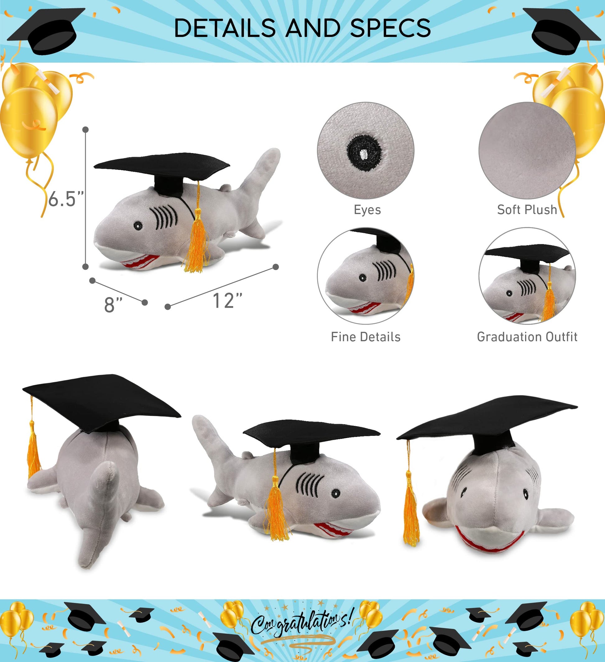 DolliBu Gray Shark Graduation Plush Toy - Baby Soft Plush Graduation Stuffed Animal Dress Up with Graduation Cap with Tassel Outfit - Gift