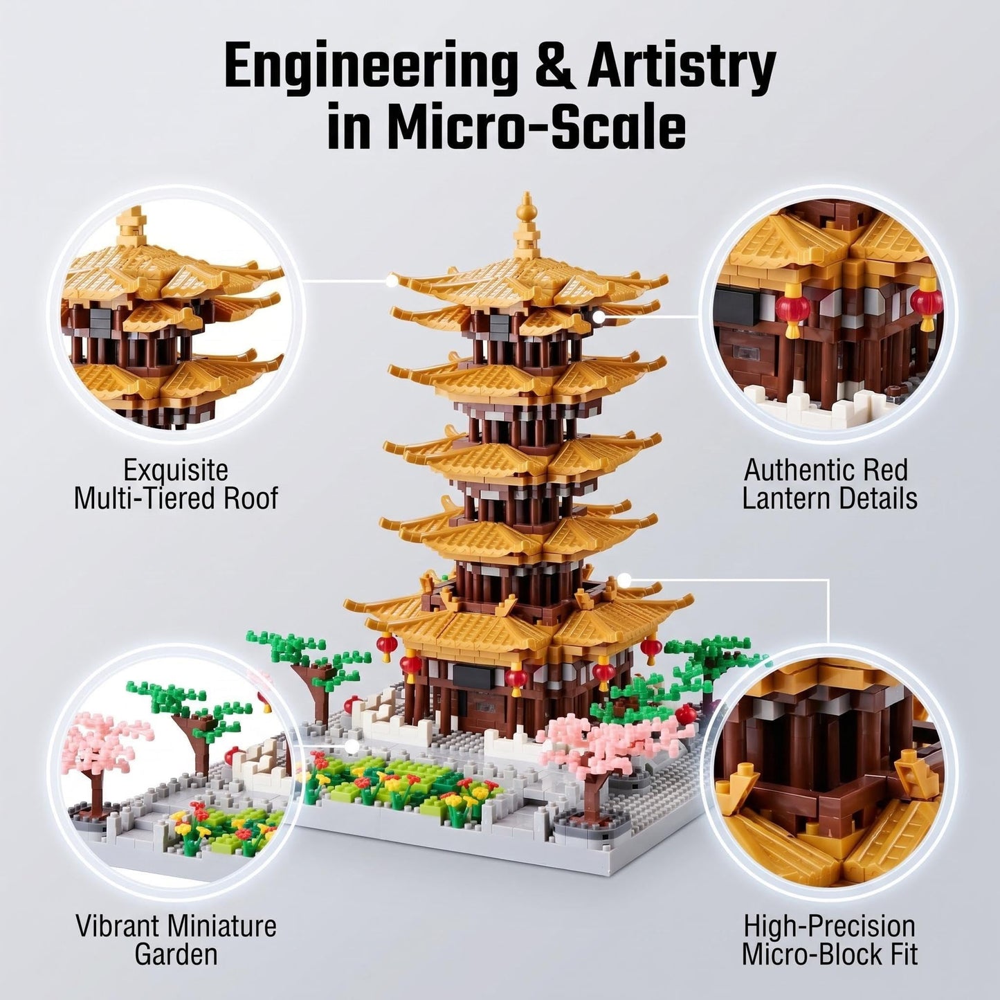 JXRLMB Chinese Ancient Famous Architecture Micro Building Blocks Set for Adults Yellow Crane Tower with Sakura Tree Cherry Plants, Toys for Kids Age