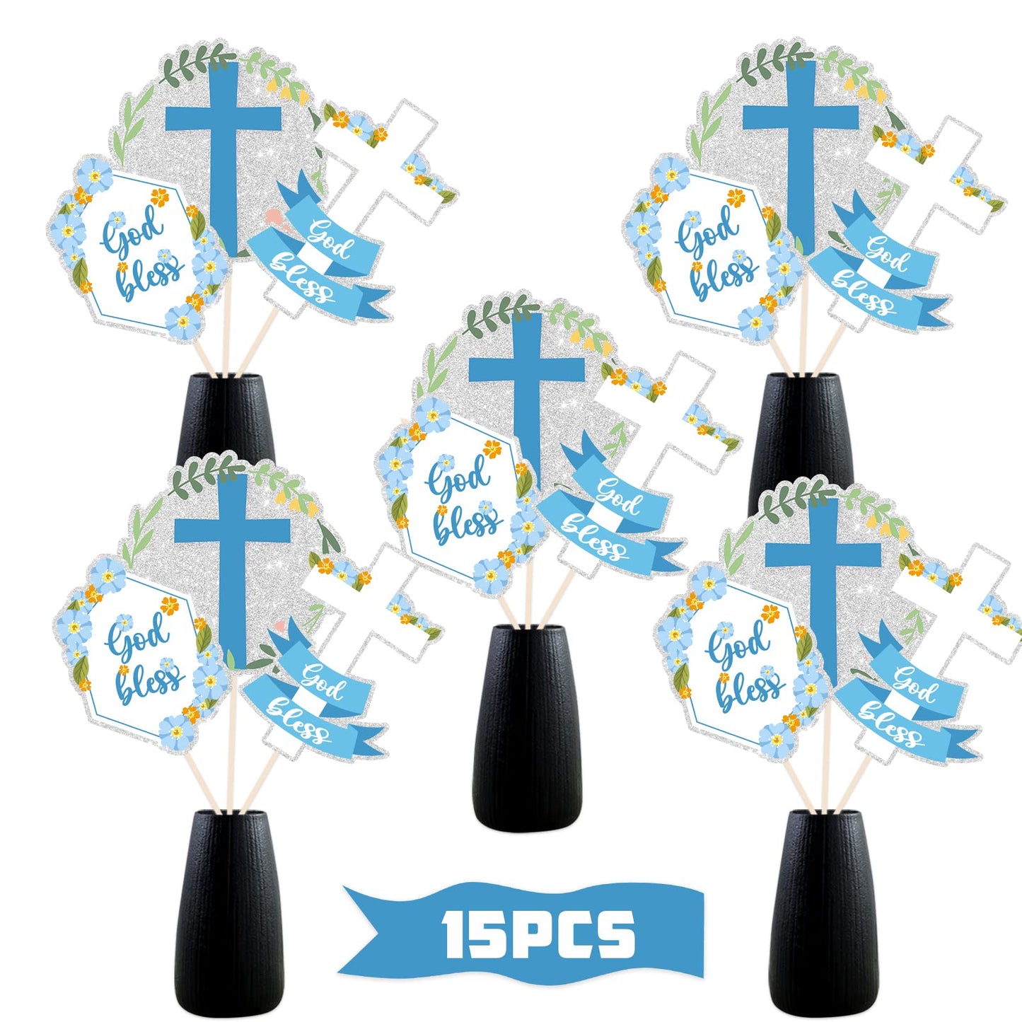 God Bless Centerpiece Sticks, Cross Community Sign - Baptism Party Decorations - Christening Party Supplies - 15PCS