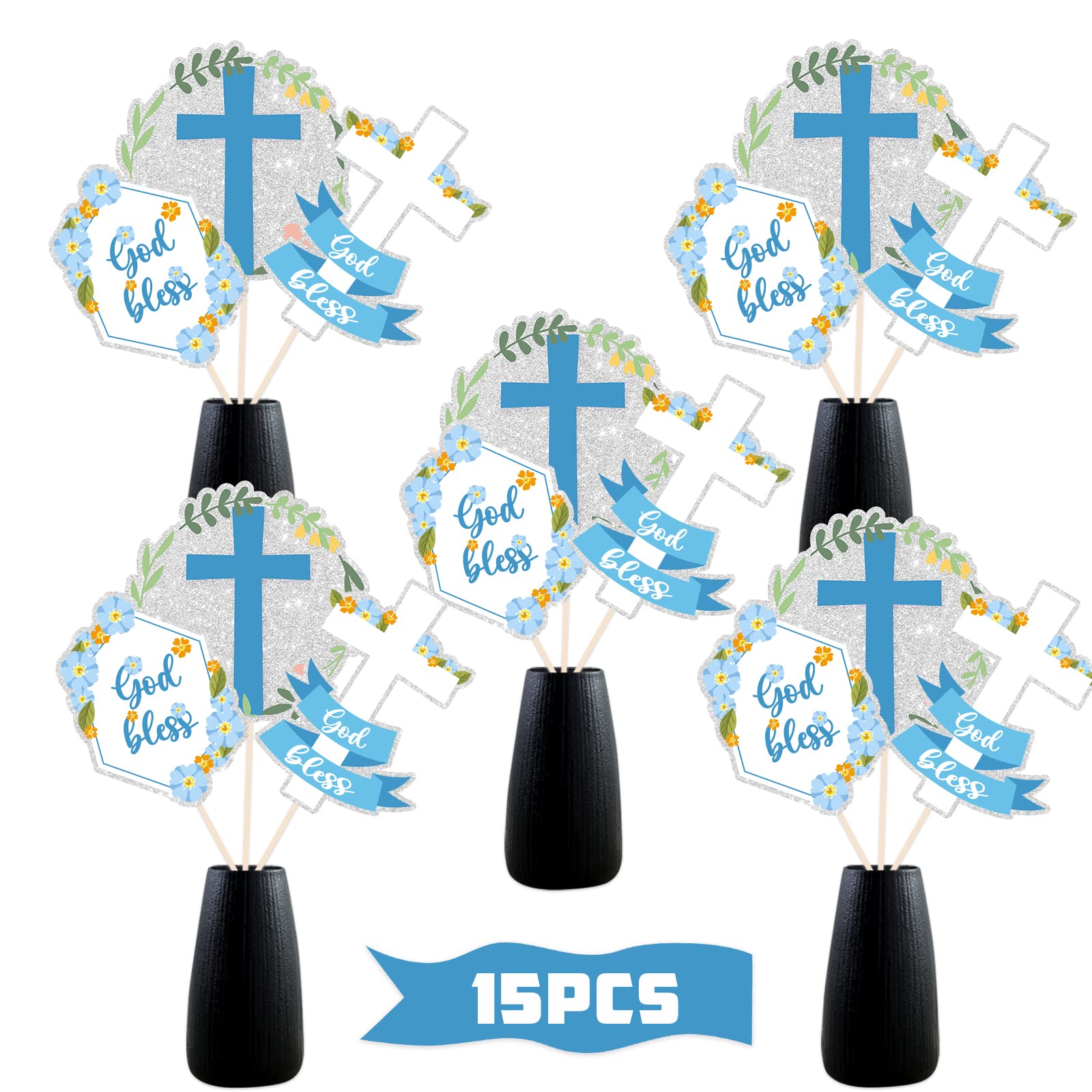 God Bless Centerpiece Sticks, Cross Community Sign - Baptism Party Decorations - Christening Party Supplies - 15PCS