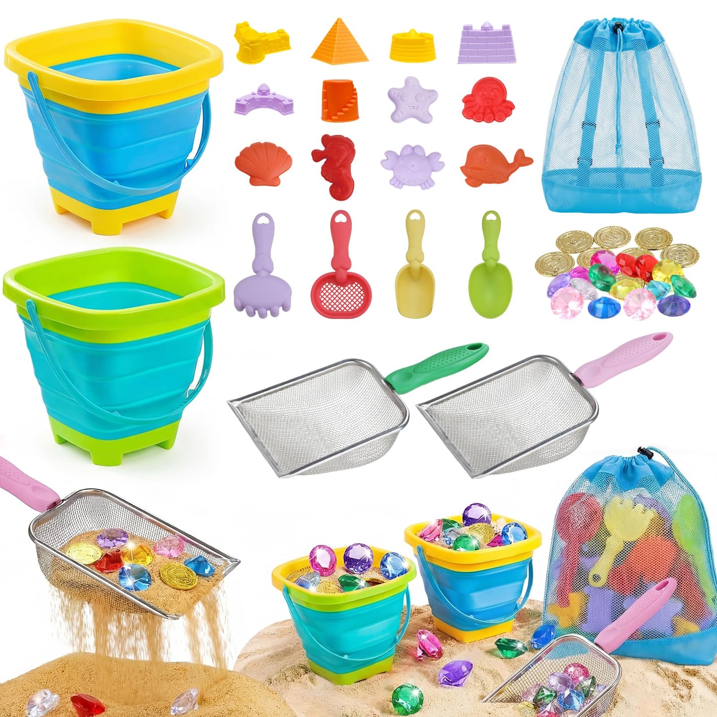 Eicaus 46 PCS Beach Sand Toys for Kids Toddlers, Collapsible Sand Buckets & Mesh Bag Set with Heavy Duty Metal Sifters, Treasure Hunt Gems, Castle