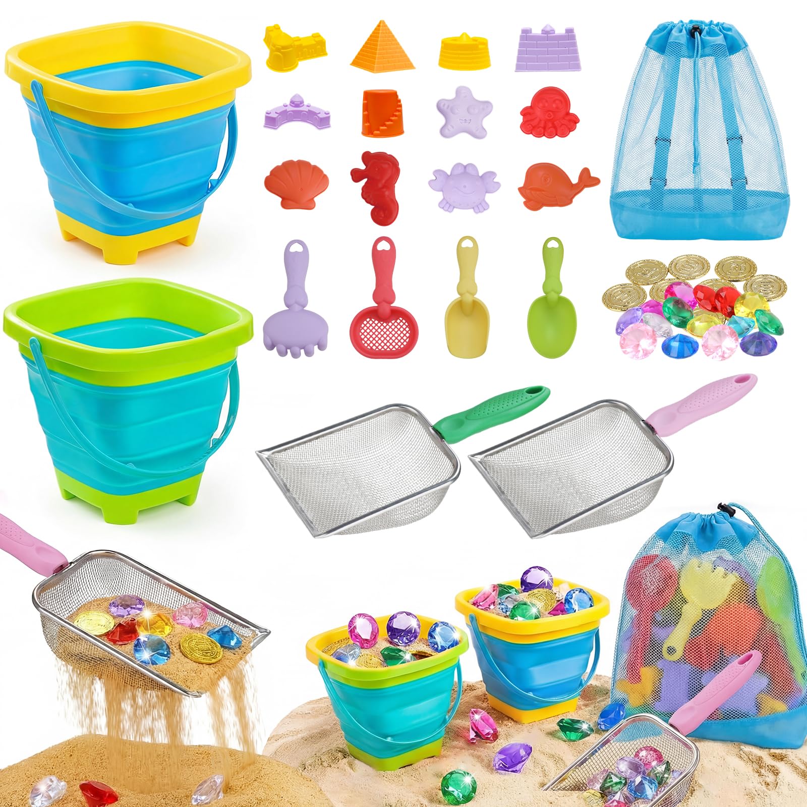 Eicaus 46 PCS Beach Sand Toys for Kids Toddlers, Collapsible Sand Buckets & Mesh Bag Set with Heavy Duty Metal Sifters, Treasure Hunt Gems, Castle