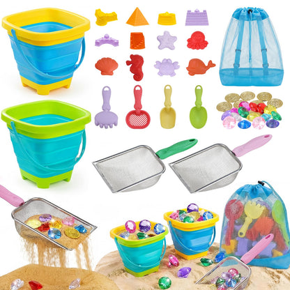 Eicaus 46 PCS Beach Sand Toys for Kids Toddlers, Collapsible Sand Buckets & Mesh Bag Set with Heavy Duty Metal Sifters, Treasure Hunt Gems, Castle