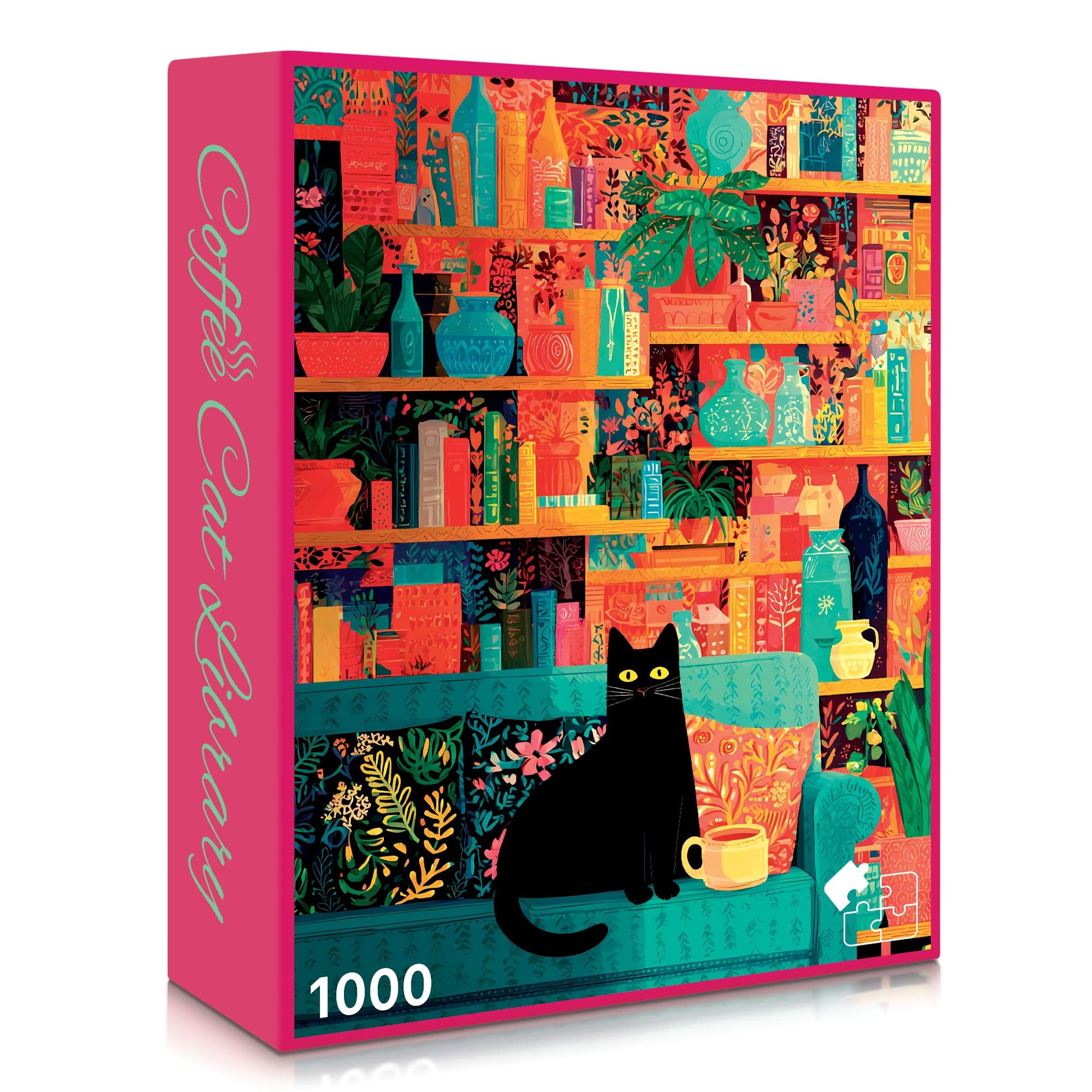 Coffee Cat Library (No. 12) - 1000 Piece Animal Jigsaw Puzzle for Adults | Printed in USA | Satin Low-Glare Finish | Random Ribbon Cut | Bonus Poster