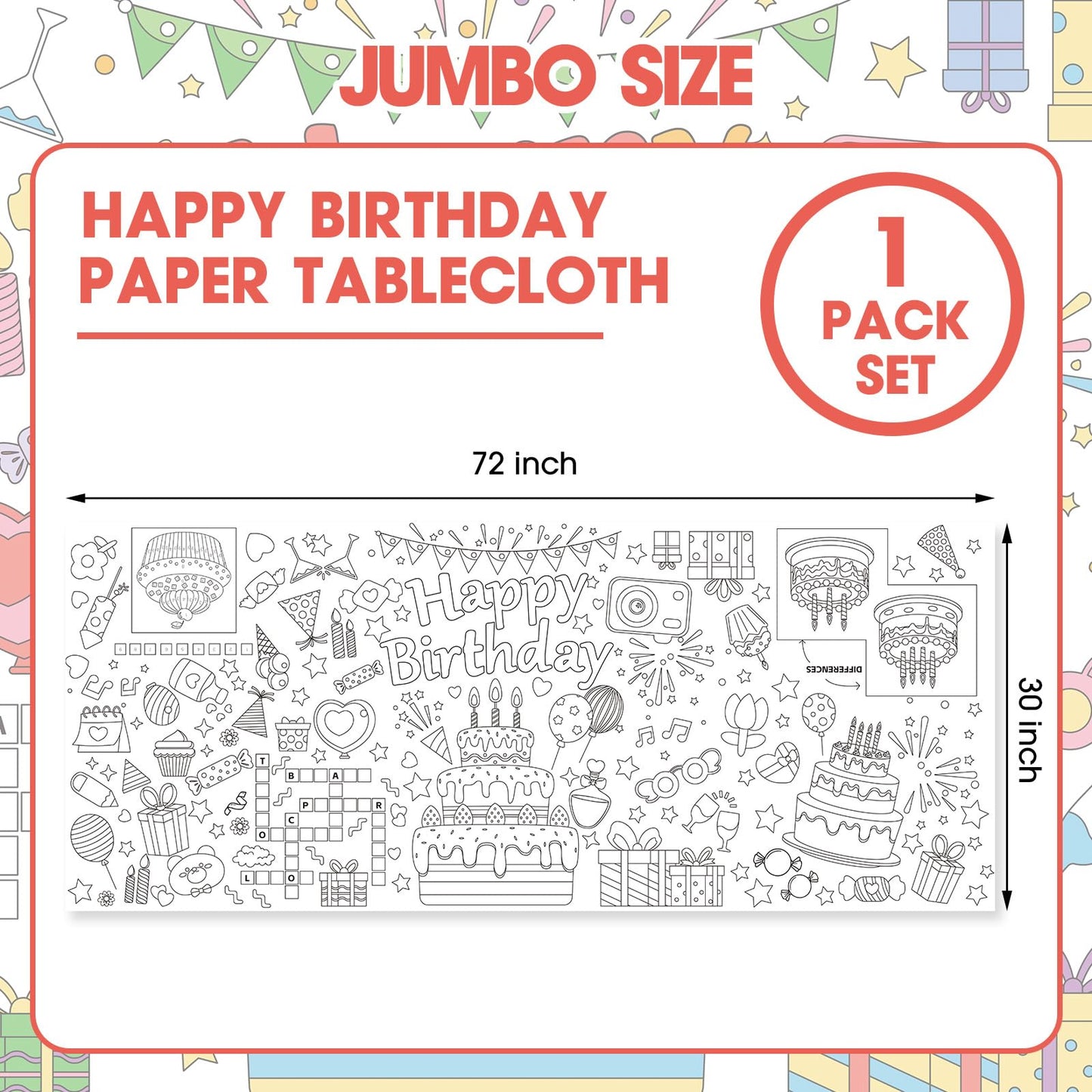 Hayfige Happy Birthday Giant Coloring Tablecloth Poster for Kids - 30 x 72 Inch Versatile Birthday Activity Paper Banner Poster Table Cover Crafts