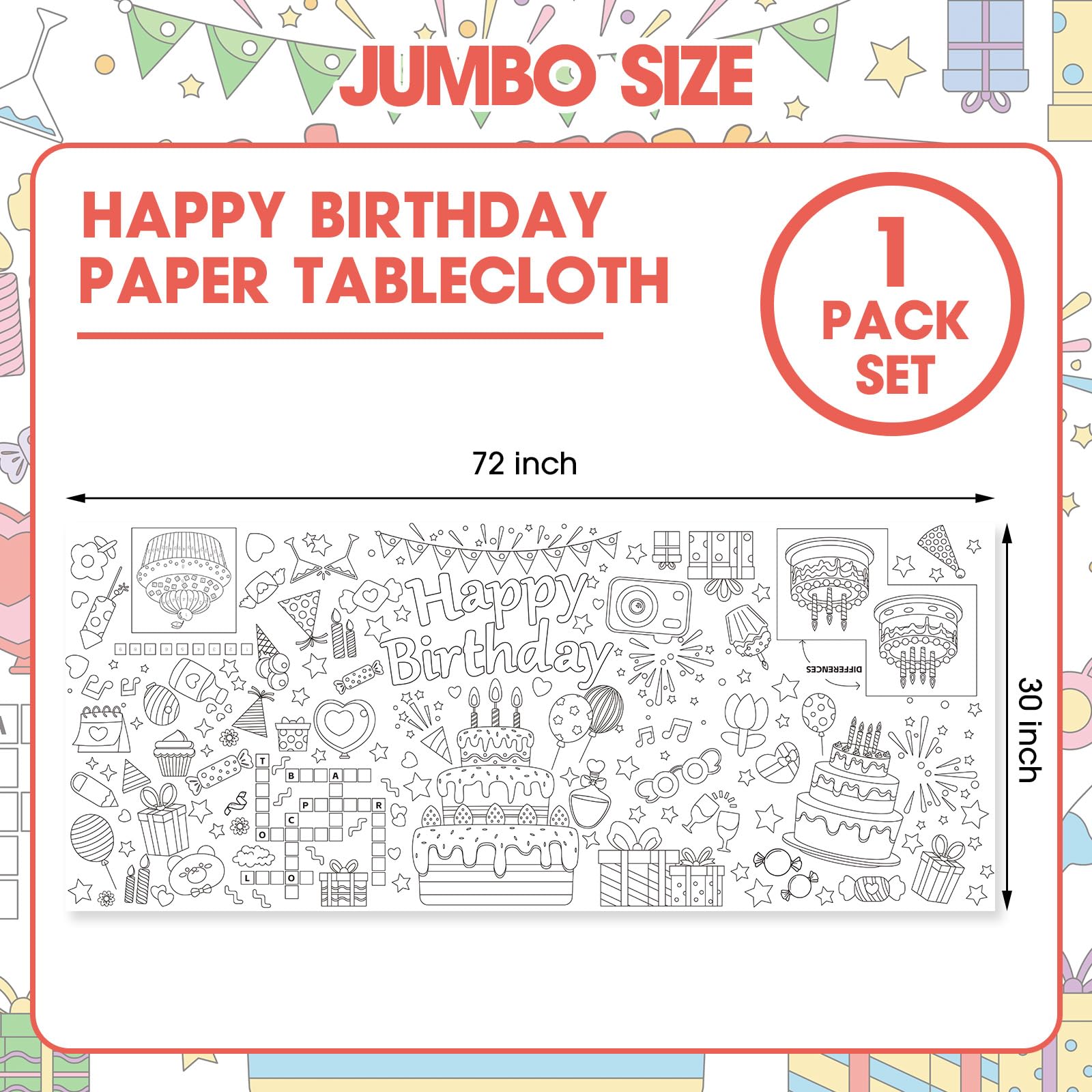 Hayfige Happy Birthday Giant Coloring Tablecloth Poster for Kids - 30 x 72 Inch Versatile Birthday Activity Paper Banner Poster Table Cover Crafts