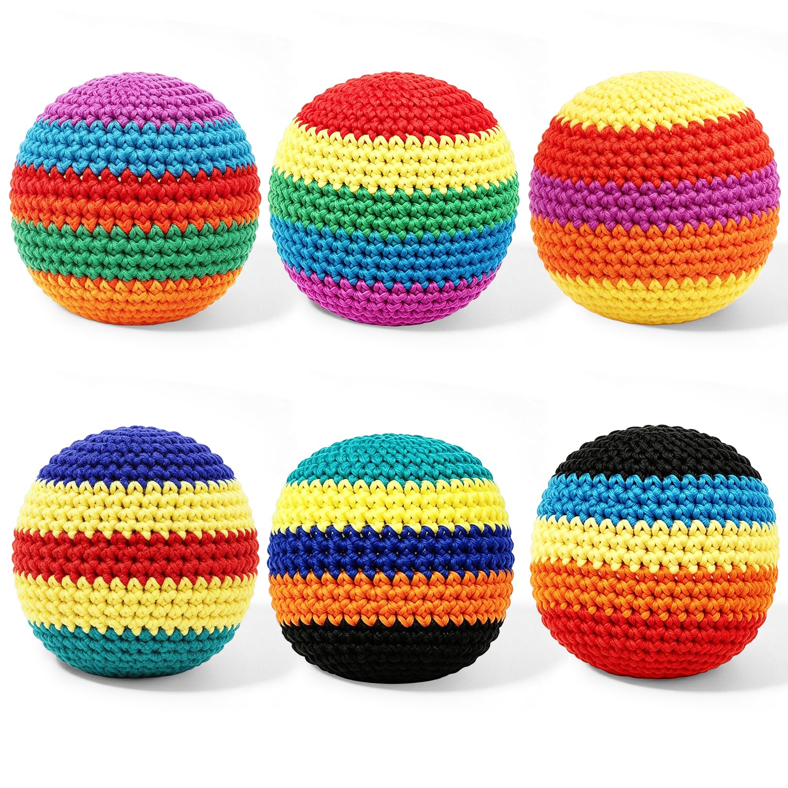 6 Pack Crocheted Footbags Handmade Knitted Balls for Tossing & Kicking Adults and Beginners Vibrant Sports Design for Indoor & Outdoor Play, Party